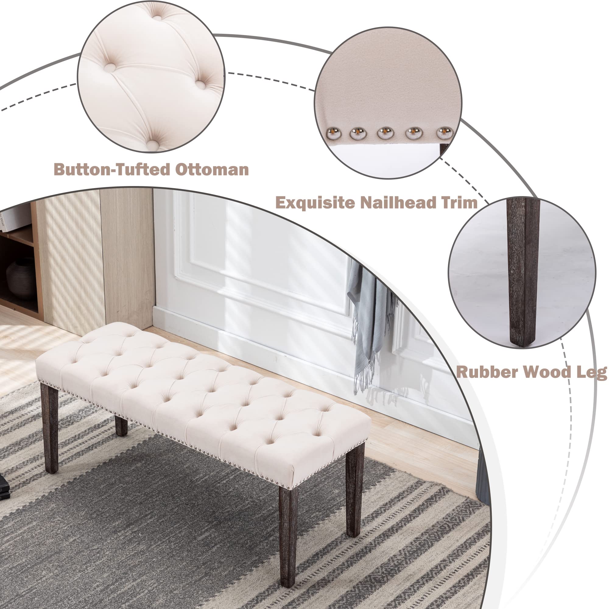 KCC Button-Tufted Ottoman Bench, Upholstered Bedroom Benches Velvet Footrest Stool Accent Bench for Entryway Dining Room Living Room Bedroom End of Bed, Beige