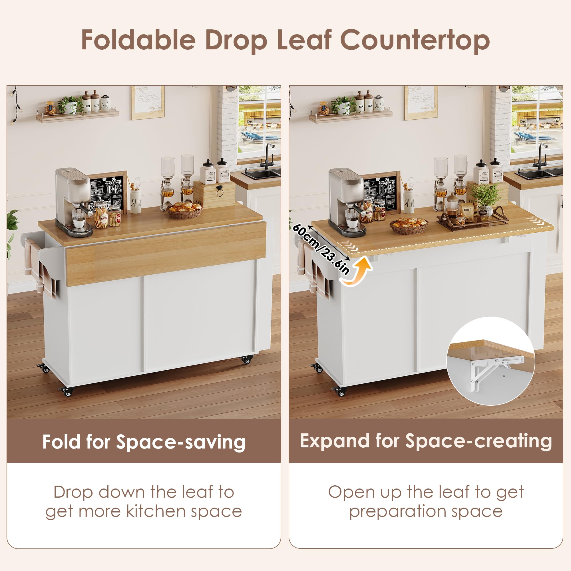 Rolling Kitchen Island with Drop Leaf Countertop & Storage