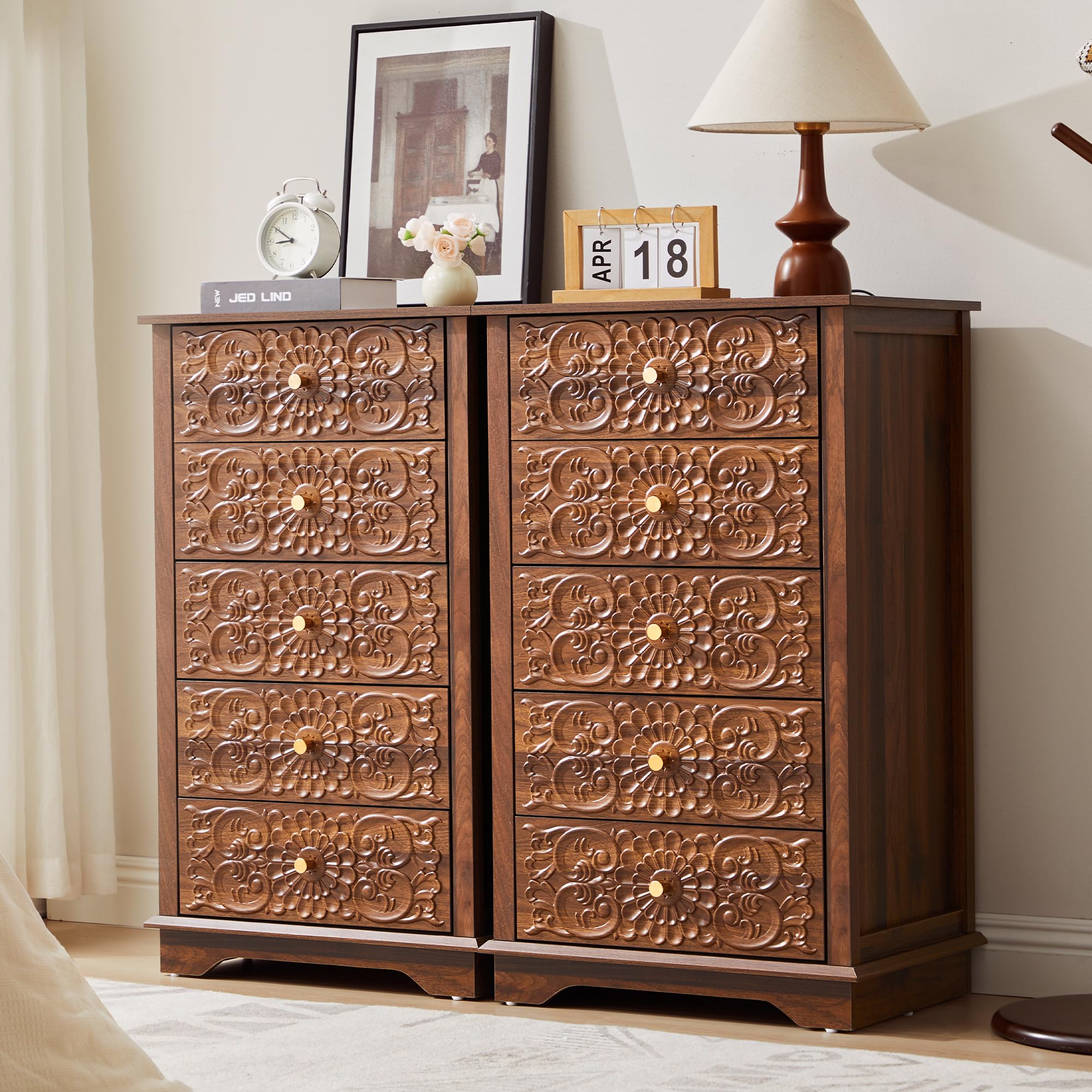 5-Drawer Narrow Dresser with Floral High-Gloss Front
