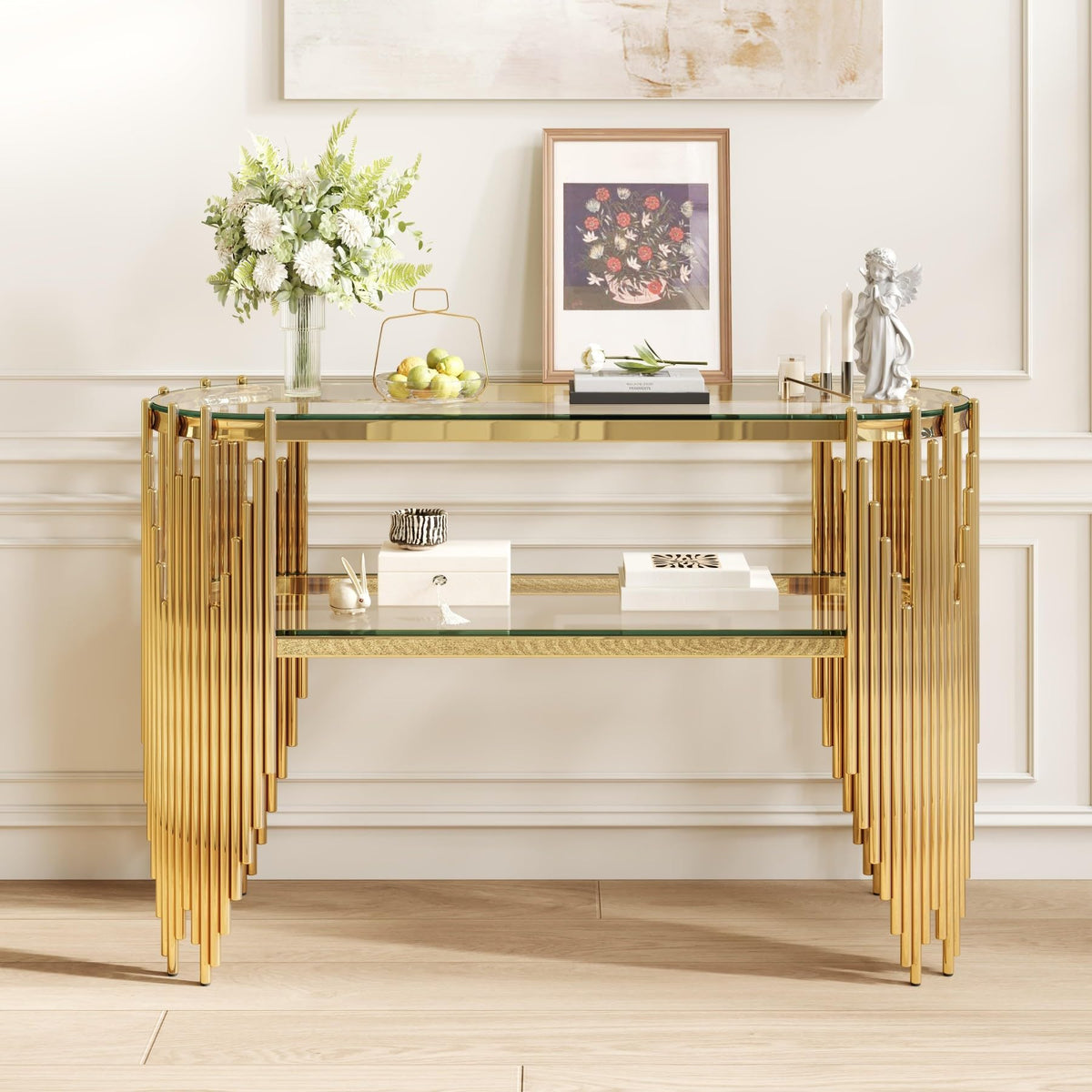 Gold Oval Glass Console Table