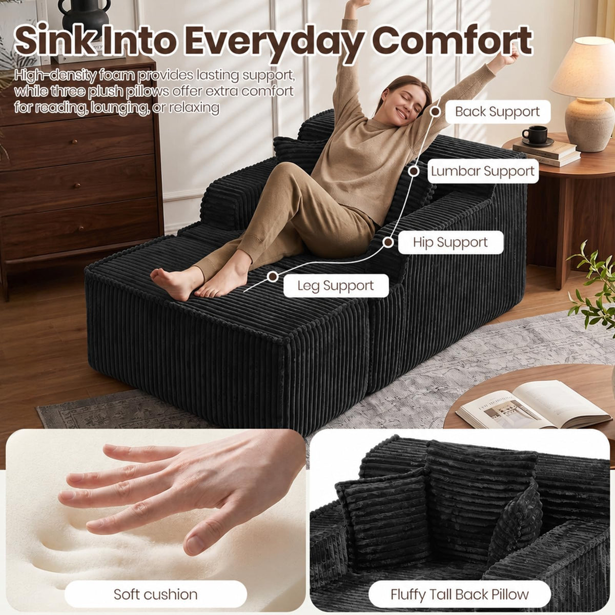 NLDD Corduroy Chaise Lounge Chair with Detachable Ottoman, Convertible Modular Reading Chaise Lounge, High-Density Foam Single Person Relaxation Chair for Living Room,Apartment,Small Spaces