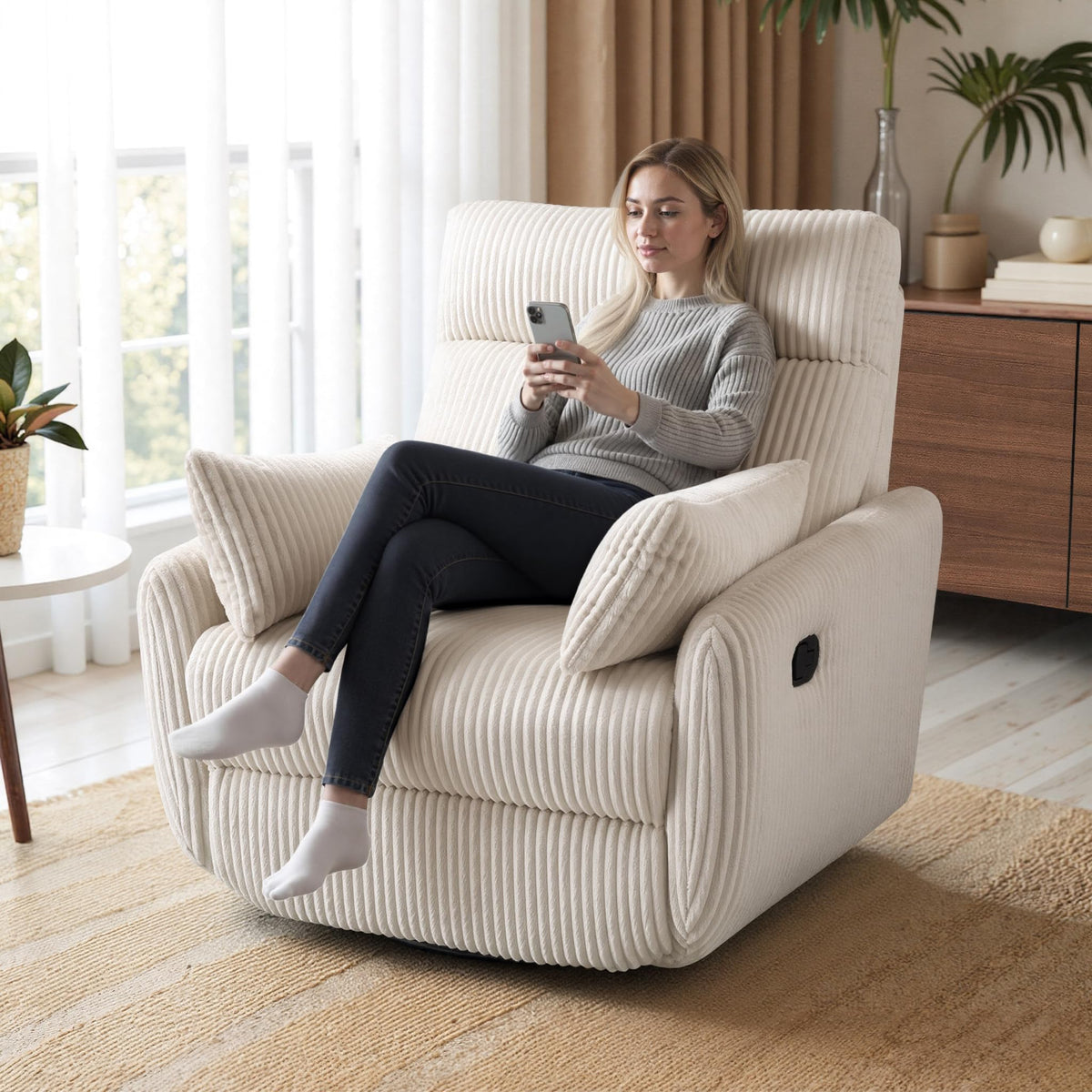 Swivel Recliner Accent Chair, Corduroy Nursery Glider Rocking Chair (Beige)