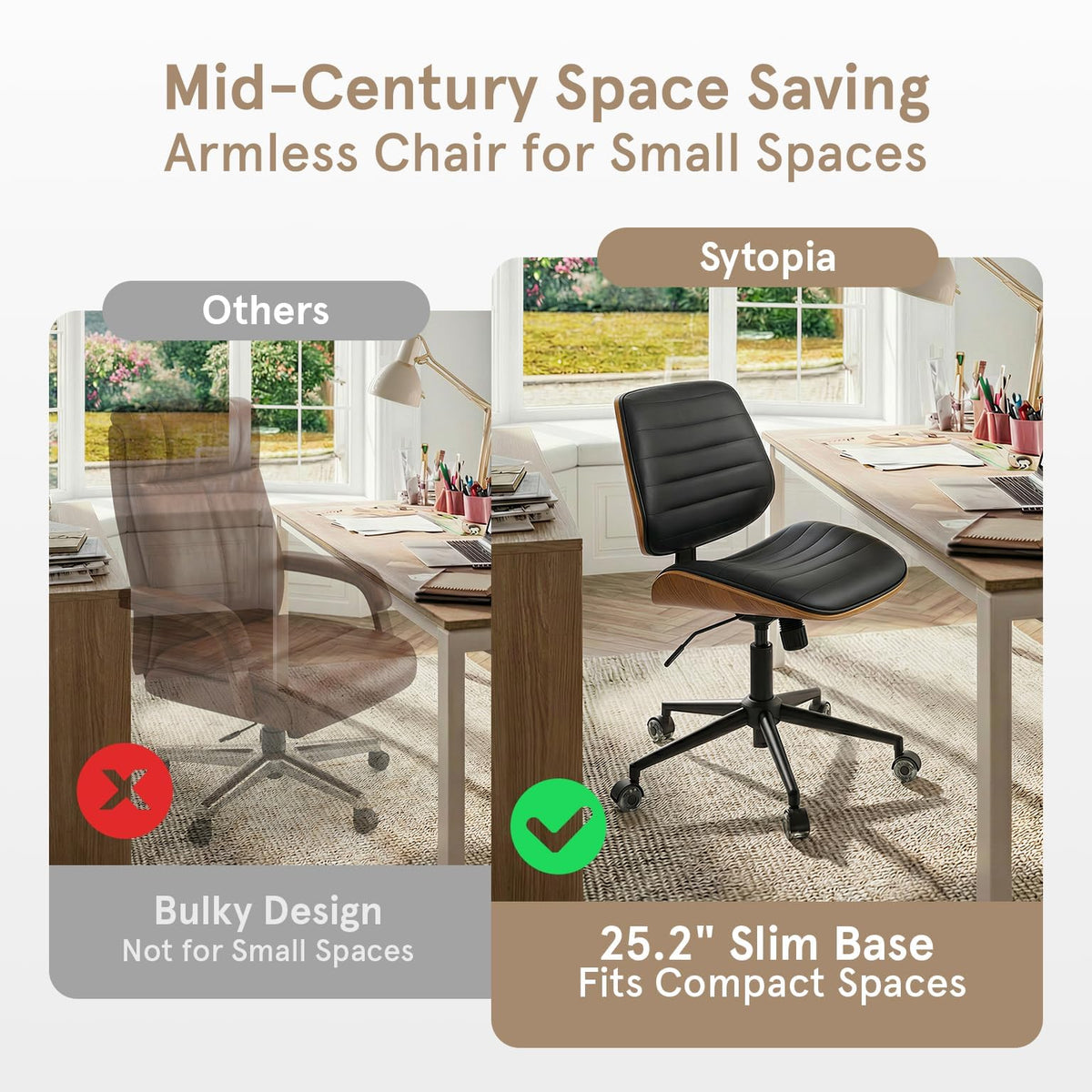 Sytopia Small Desk Chair for Home Office, Adjustable Height Swivel Armless Office Chair No Arms, Mid Century Modern Chair with Wheels, Walnut Wooden Sturdy, Easy Assembly, Vintage Black Leather