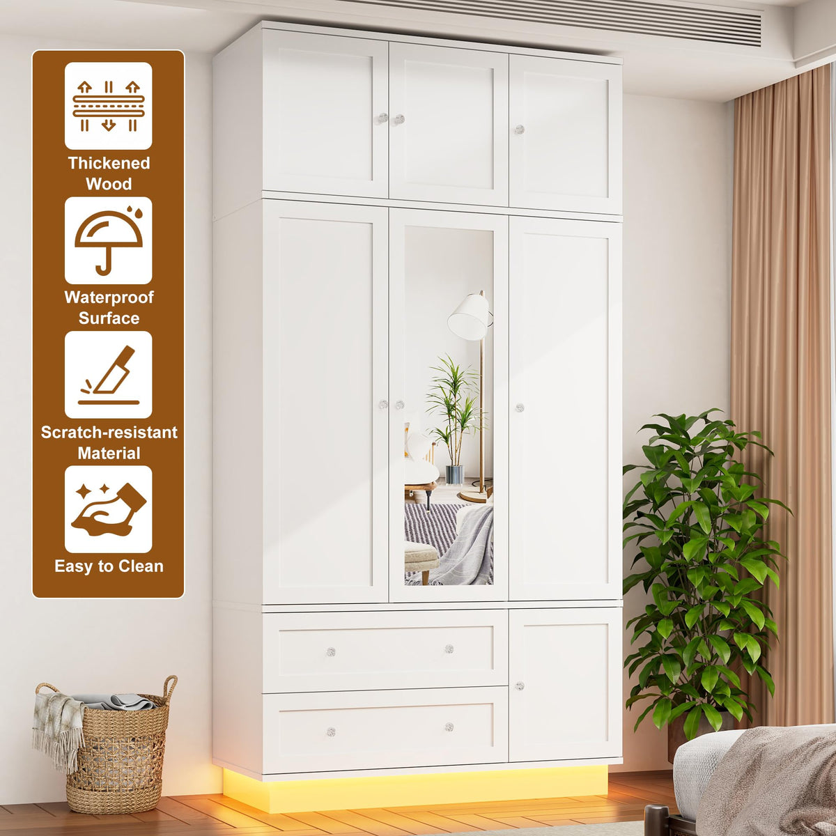 White Mirrored Wardrobe with LED Lighting