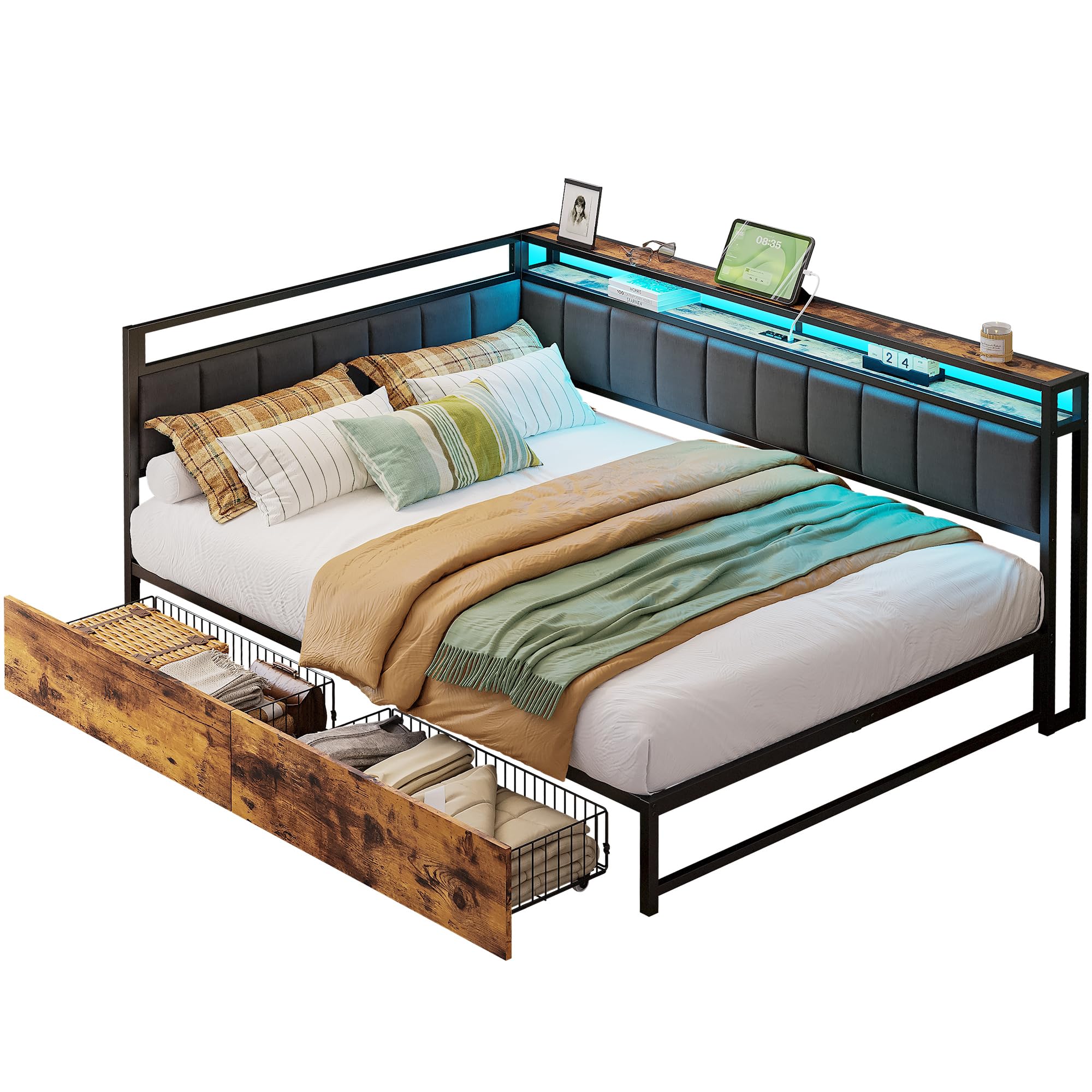 LIKIMIO Corner Bed Frame Full Daybed with Storage Drawers, Metal Platform Bed Frame with LED Light, Charging Station & Fabric Upholstered Fence, Black