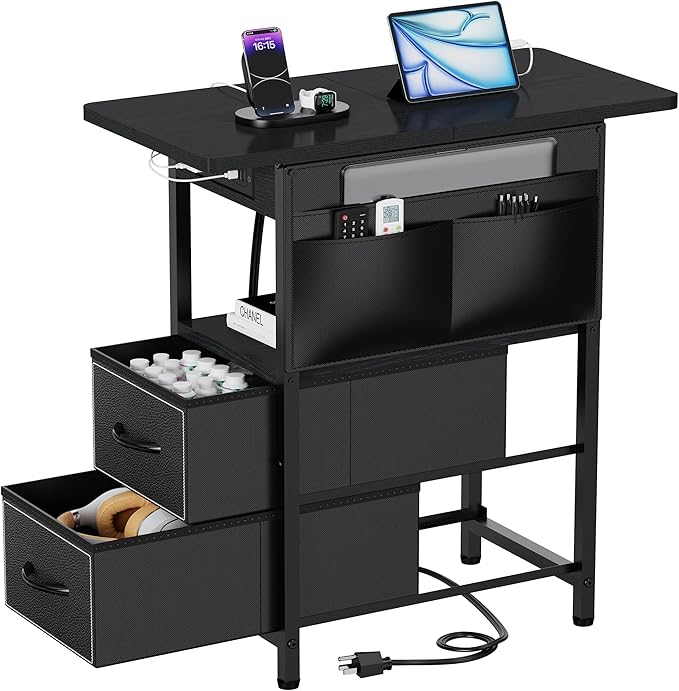 Nightstand Side Table with Charging Station & Storage Pocket