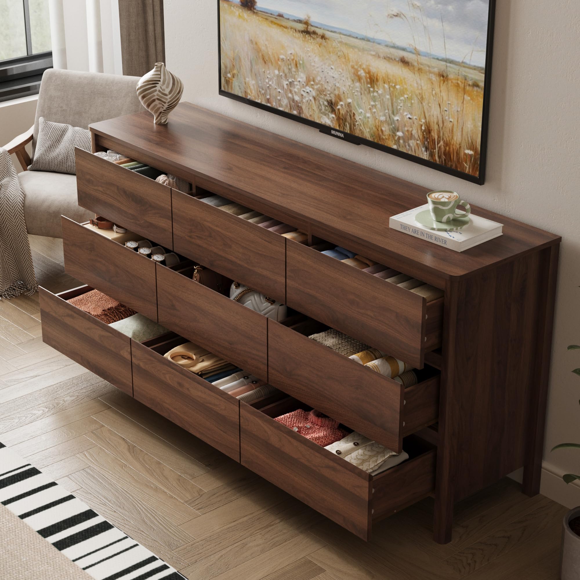 MAISONARIA Walnut 9 Drawer Dresser for Bedroom, 63" Modern Dresser with Hidden Handles, Space-Saving Wooden Drawer Organizer, Living Room, or Hallway, Vertical Storage Chest of Drawers