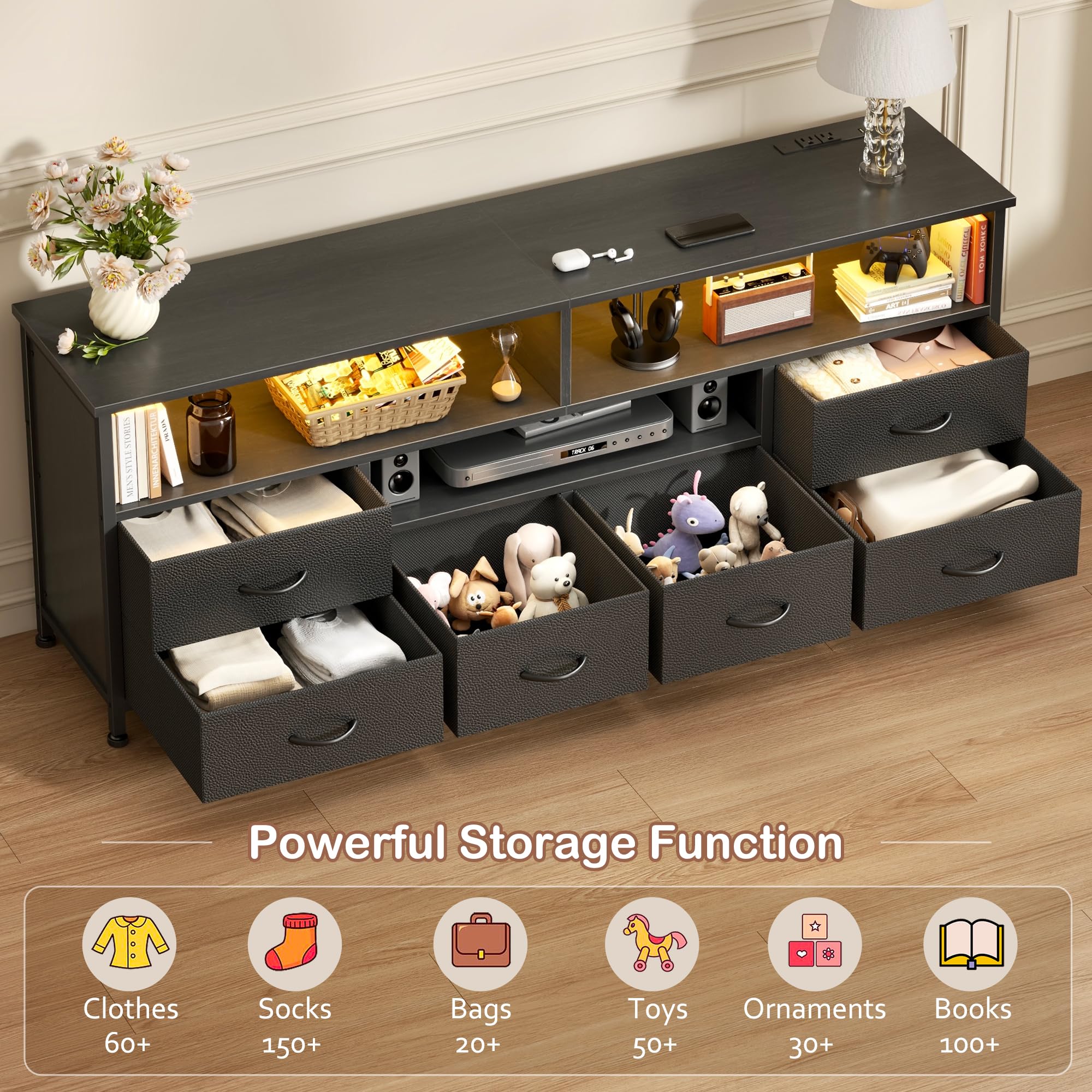 Korfile 55 Inch LED TV Stand for Bedroom, 6 Drawers Entertainment Center with Power Outlets for 50/55/60 Inch TV, Media Console Table with Shelves for Living Room & Hallway, PU Leather Surface, Black