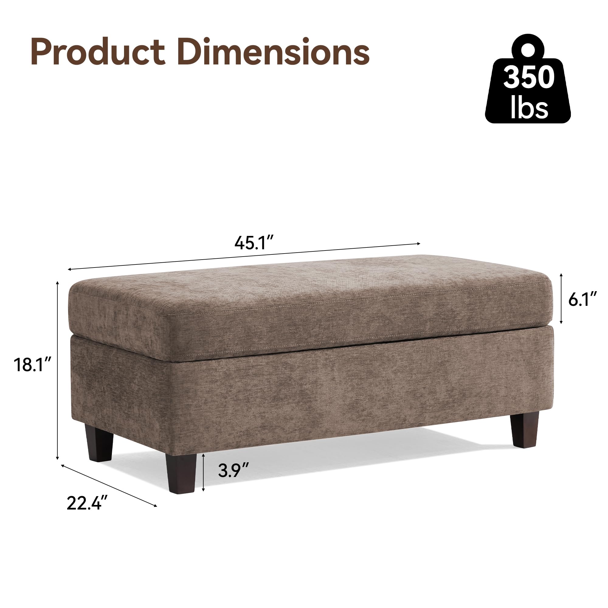 45 Inch Large Storage Ottoman Bench with Wooden Tray Coffee Table, Brown Chenille Upholstered Foot Rest, Multifunctional Foot Stool Ottoman for Living Room, Bedroom & Entryway, Solid Wood Legs