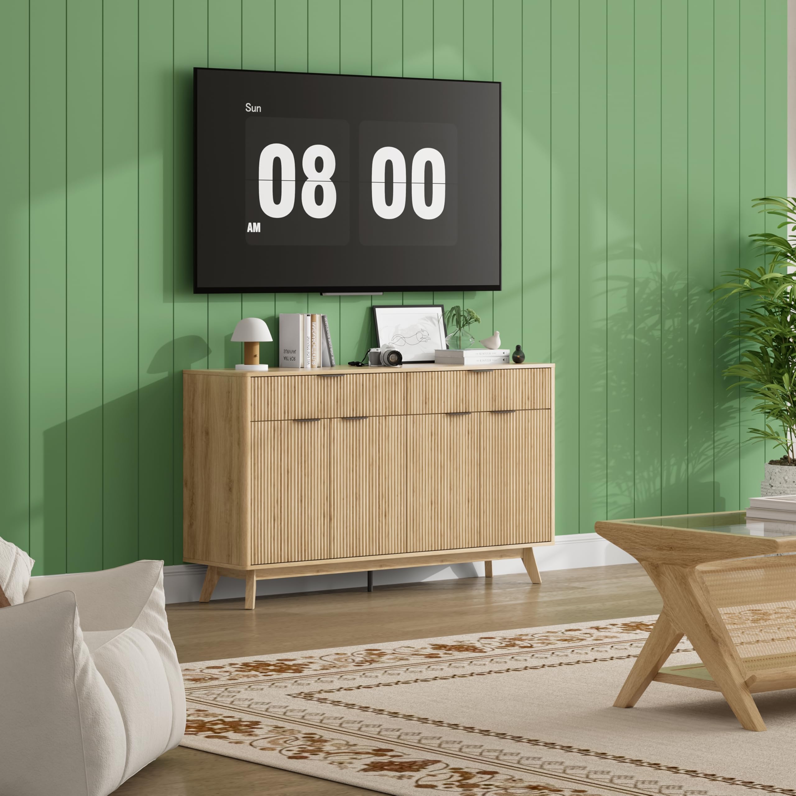 60" Rattan Buffet Sideboard Cabinet with Drawers & Wave Doors