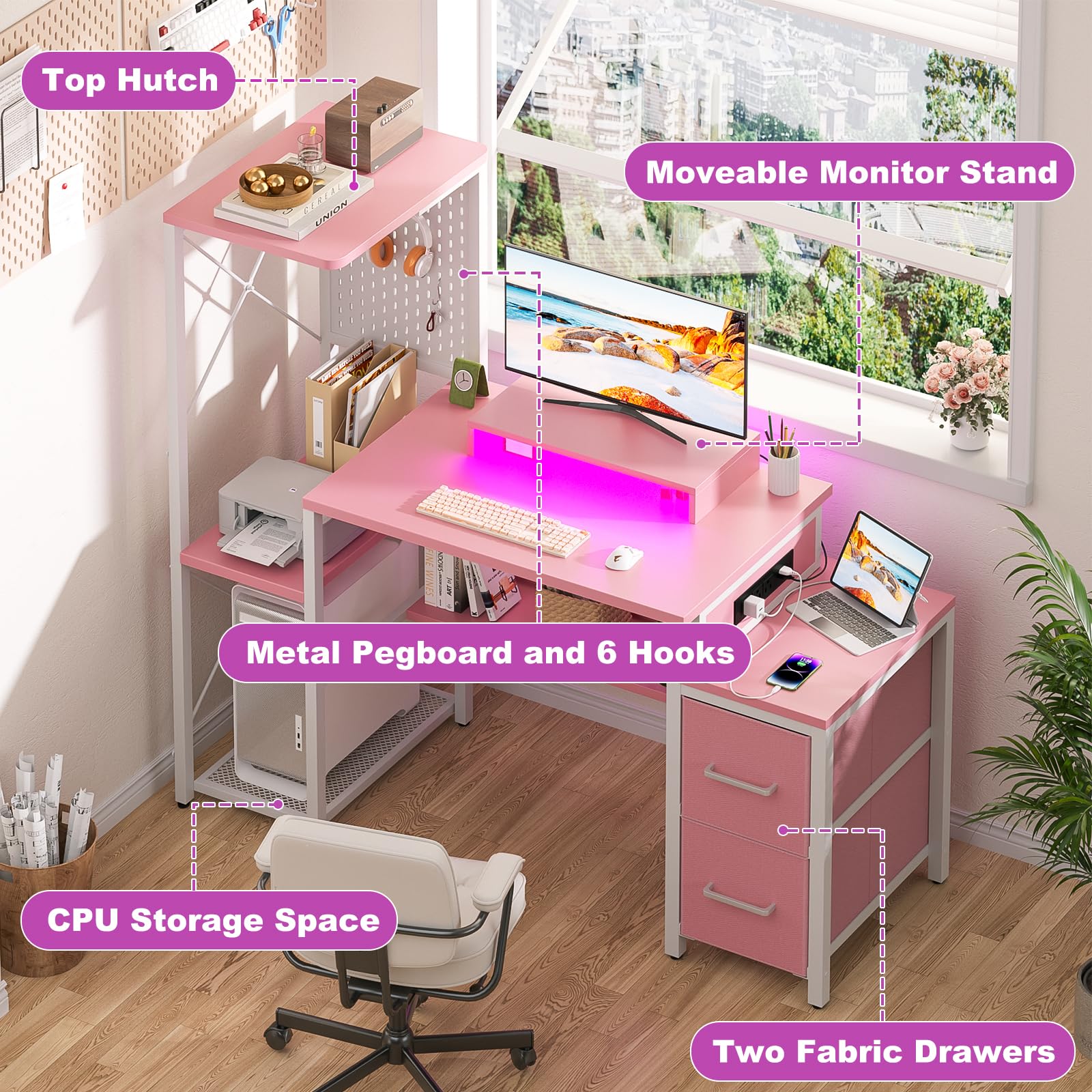 Gaming Desk with Drawers, LED Lights & Power Outlet