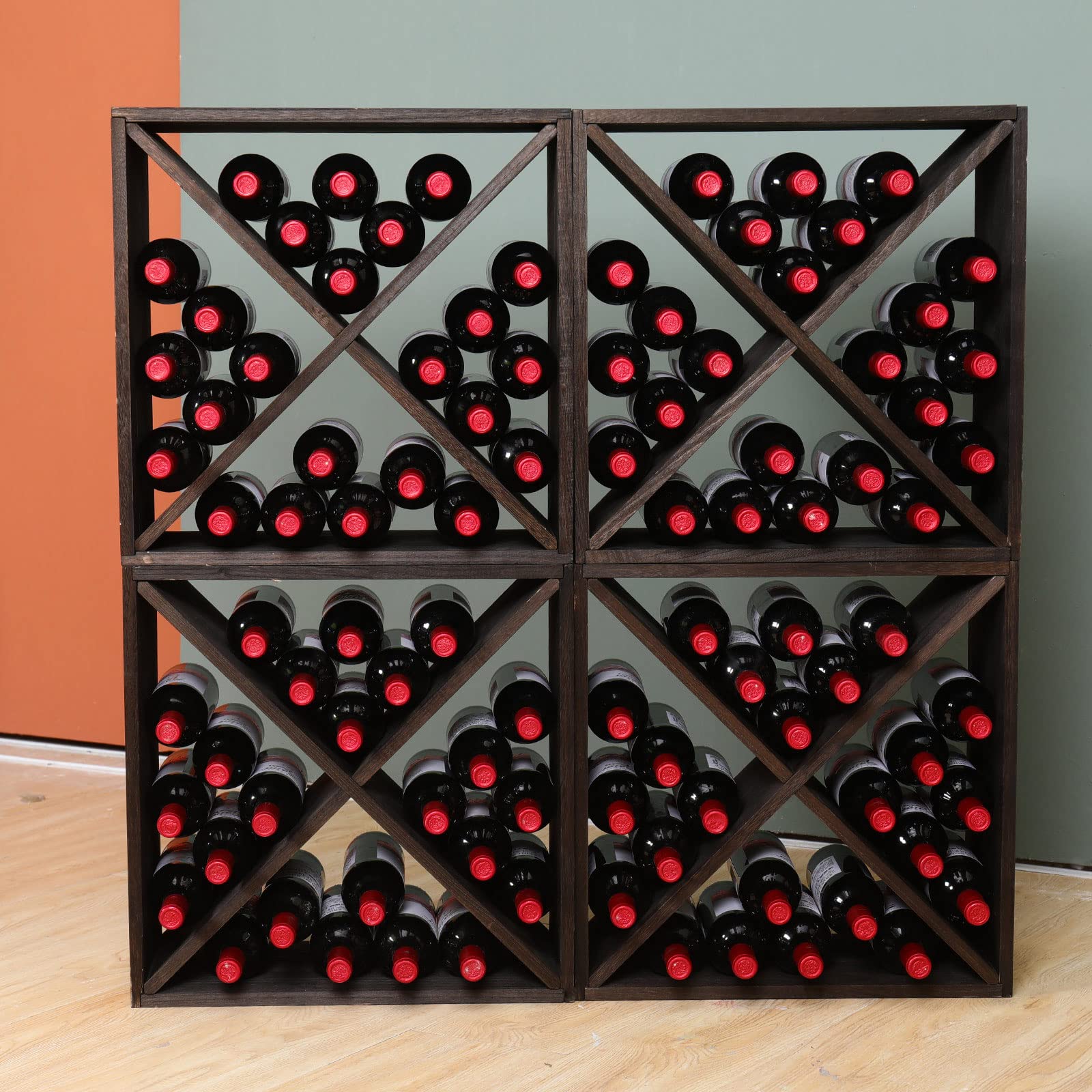 FDHUIJIA Wine Rack Cabinet countertop Wooden Stackable Storage Retro Cube freestanding Floor Wine Bottle Holder Stand(96BottleBlack)