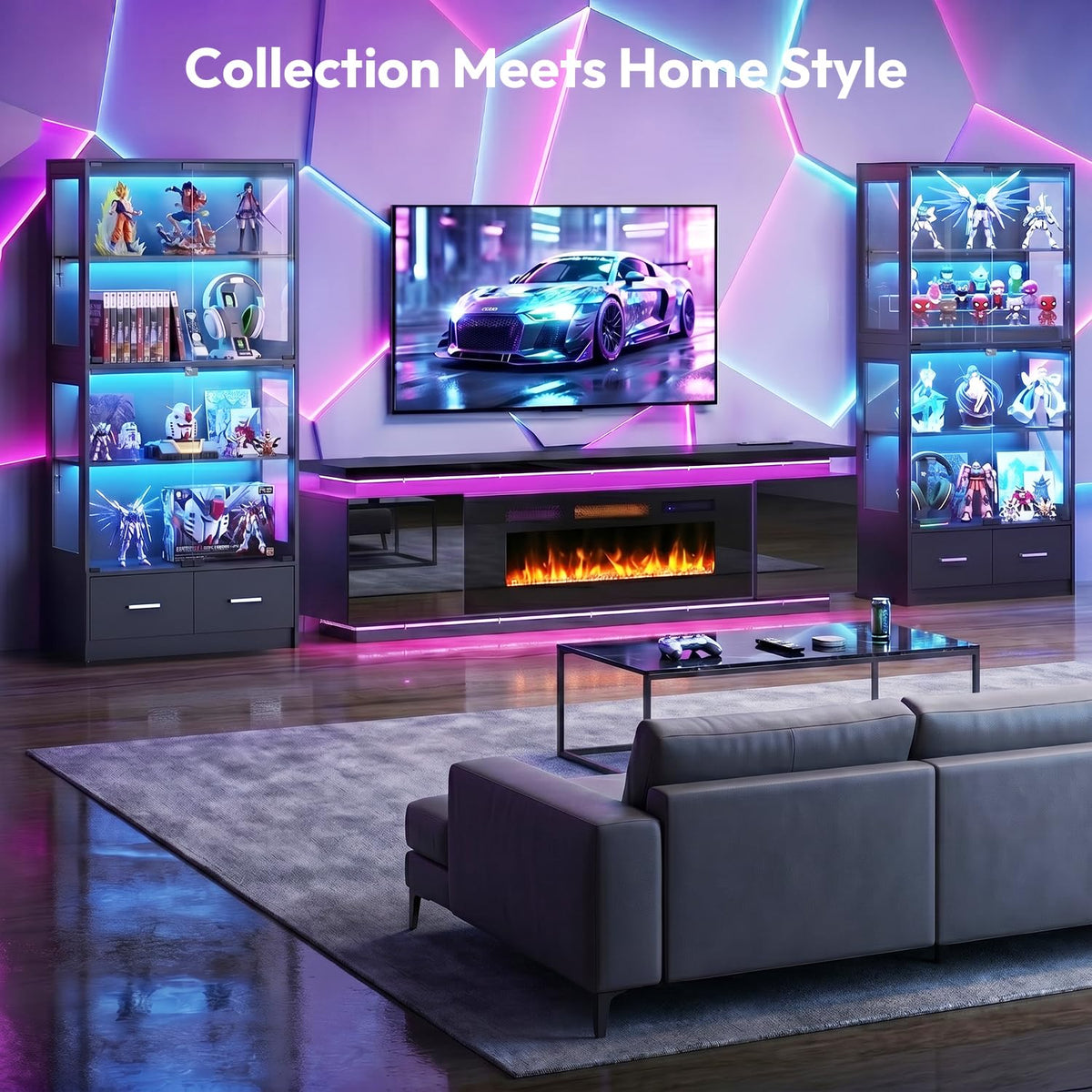 Lamtor Display Cabinet with Seal Strip & RGB LED Light for Living Room