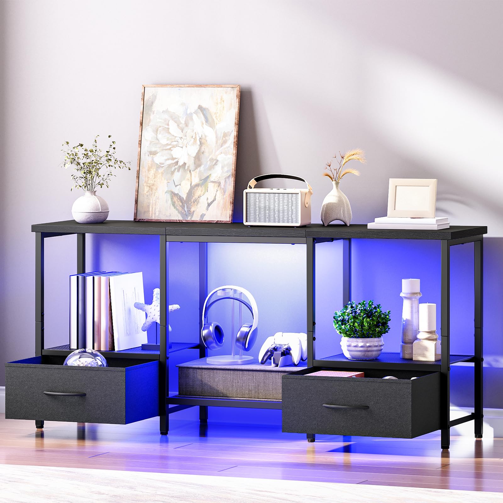 HOOBRO LED TV Stand with Storage, LED Entertainment Center with Open Shelves and Drawer, Fits TVs up to 55", Television Stand for Living Room, Bedroom, Black BB123DDS01G1