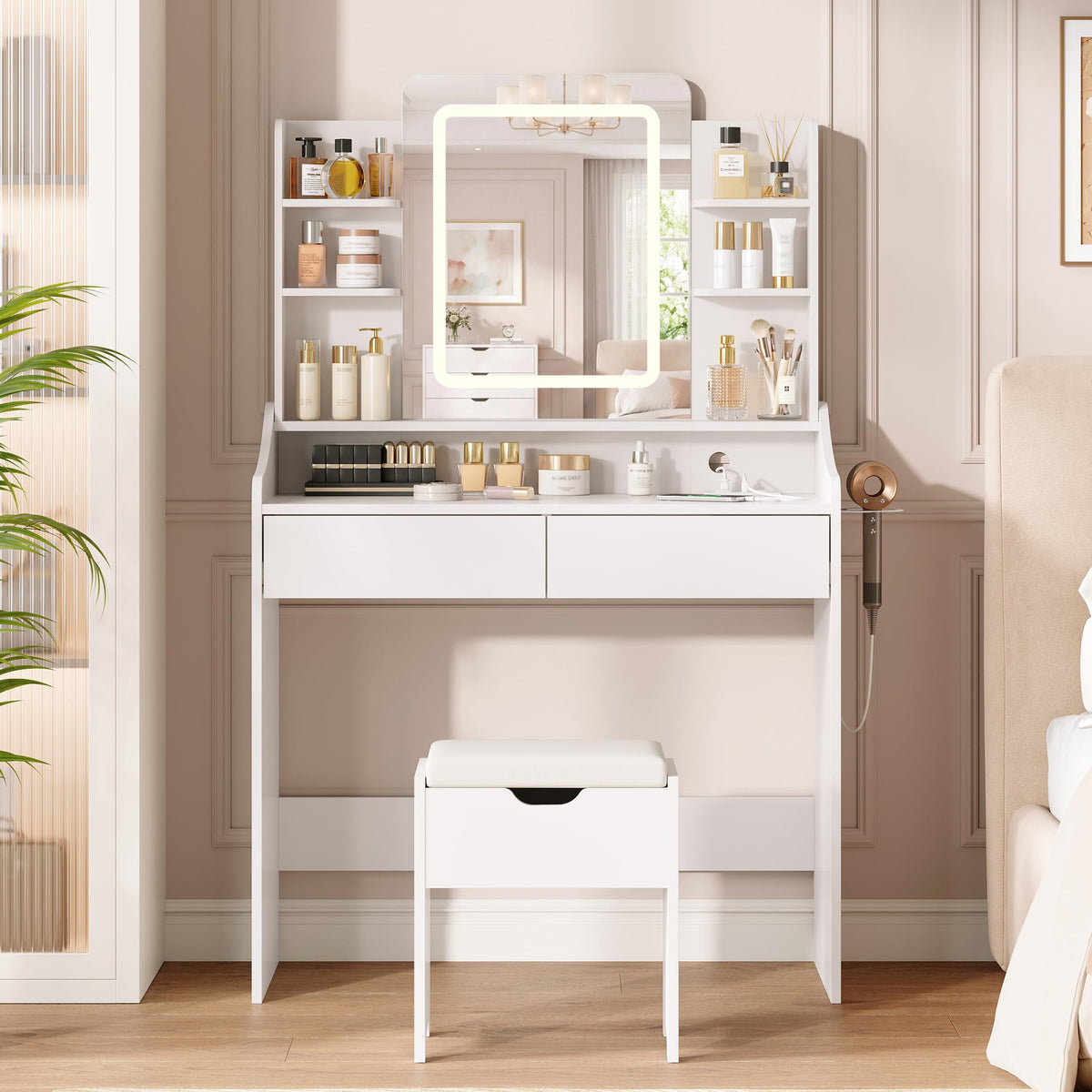 Vabches Vanity Desk with Mirror and Lights, Vanity with Lighted Mirror