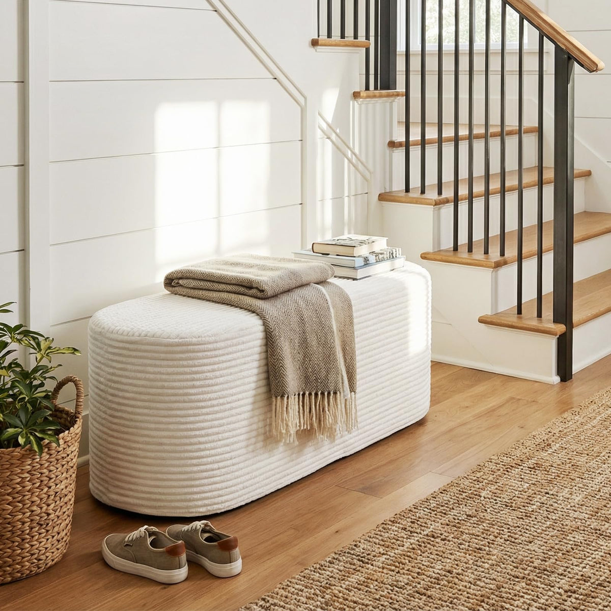 GIANTEX Stuffed Pouf Ottoman Bench, 47" Plush Corduroy End of Bed Bench with High-Density Sponge, Oval Ottoman Foot Rest for Living Room, Entryway, Hallway, Beige