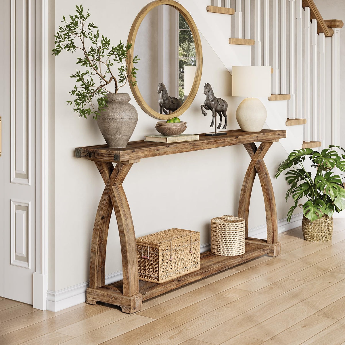 TRIBEWOOD Solid Wood Console Table for Entryway, 63-Inch Narrow Farmhouse Couch Table Behind Sofa with 2-Tier Storage for Entrance, Foyer, Living Room, Long, Rustic Brown