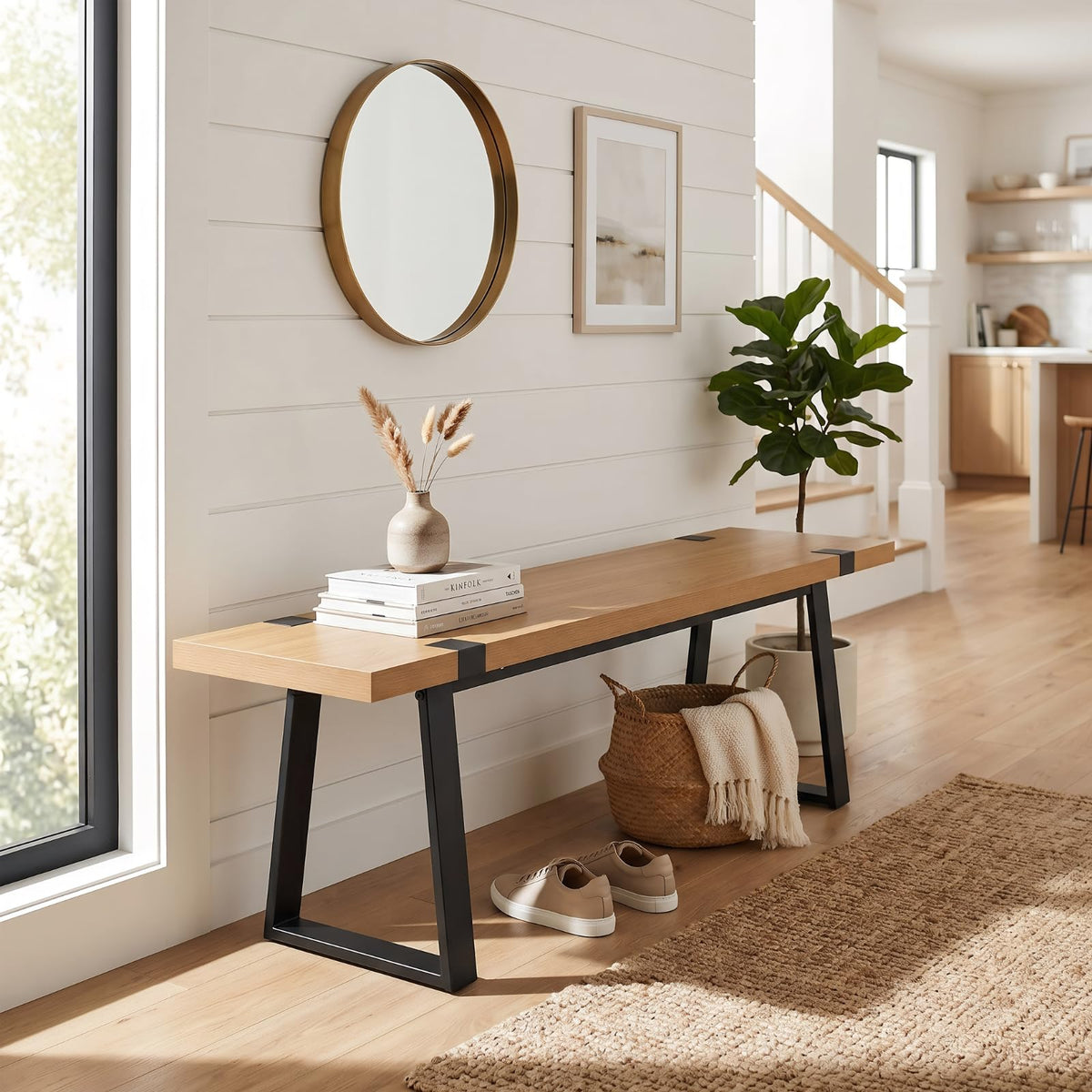 Natural Wood Slatted Bench
