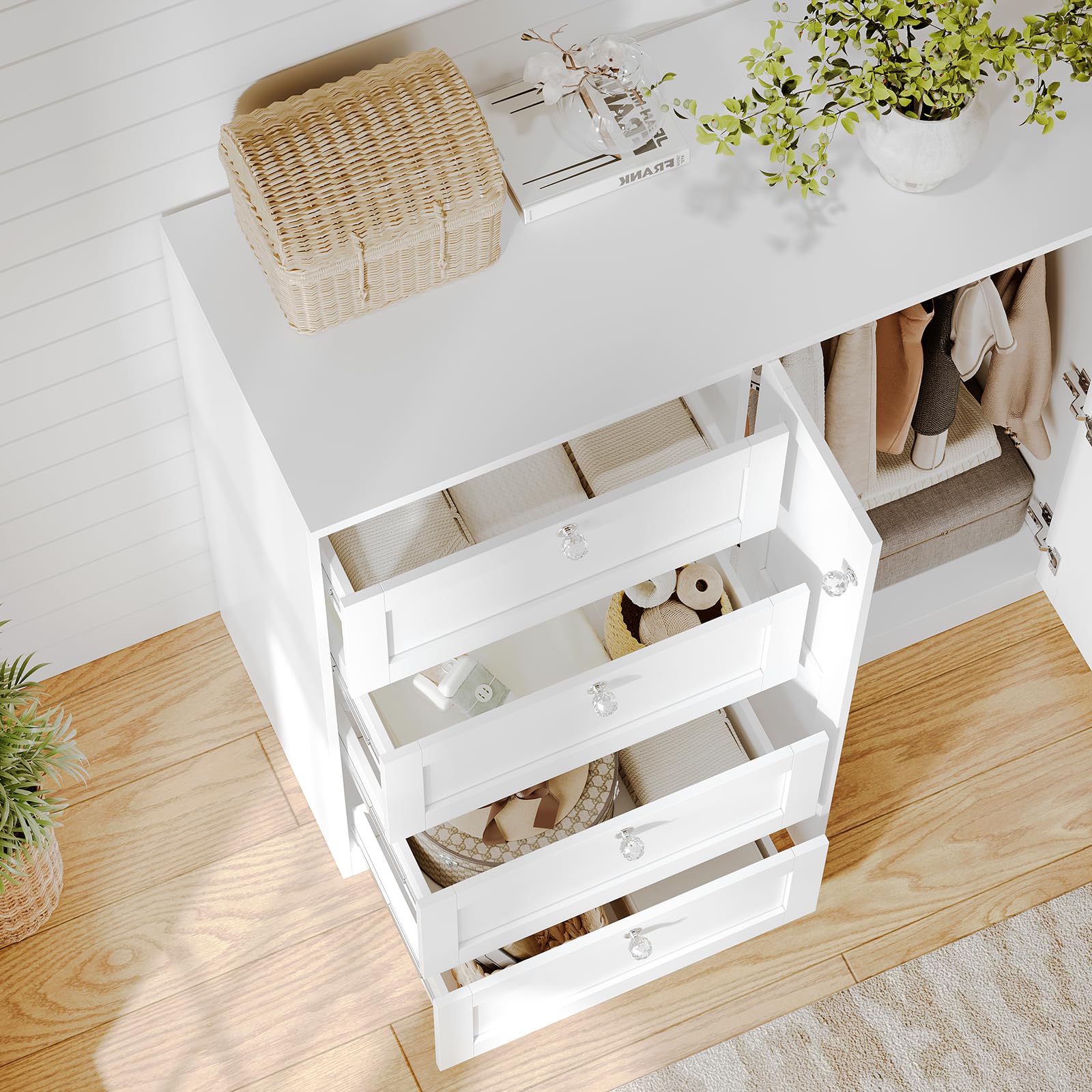 VOWNER Armoire Wardrobe Closet with 4 Drawers and 2 Doors, 43''H Clothing Storage Cabinet Dresser with Hanging Rod, Cothes Wardrobe for Bedroom, Baby Closet, White