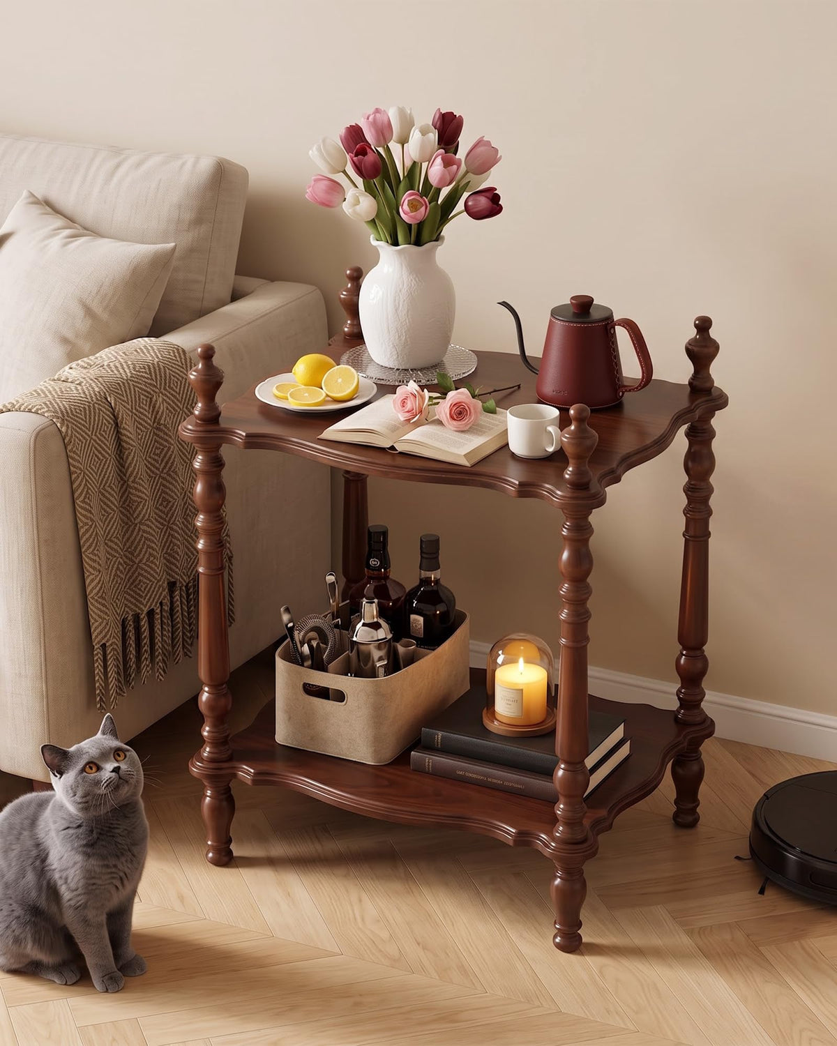 2-Tier French Vintage Side Table, Walnut End Tables with Victorian Finials