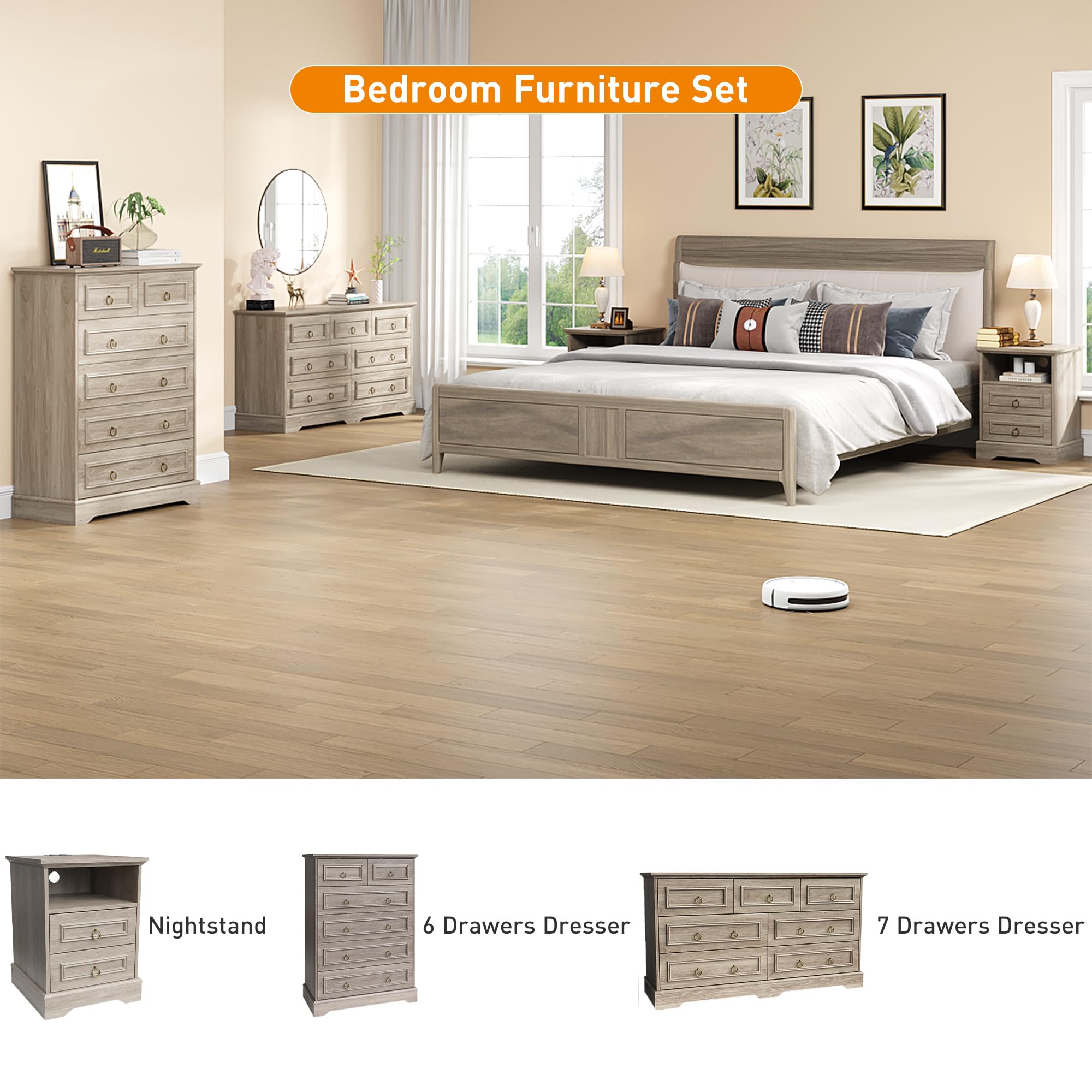Maupvit 6 Drawers Dresser, Vintage Design Wood Rustic Chest of Drawers with Natural Texture, Sturdy & Durable Farmhouse Dresser, Ideal Storage Dressers for Living Room