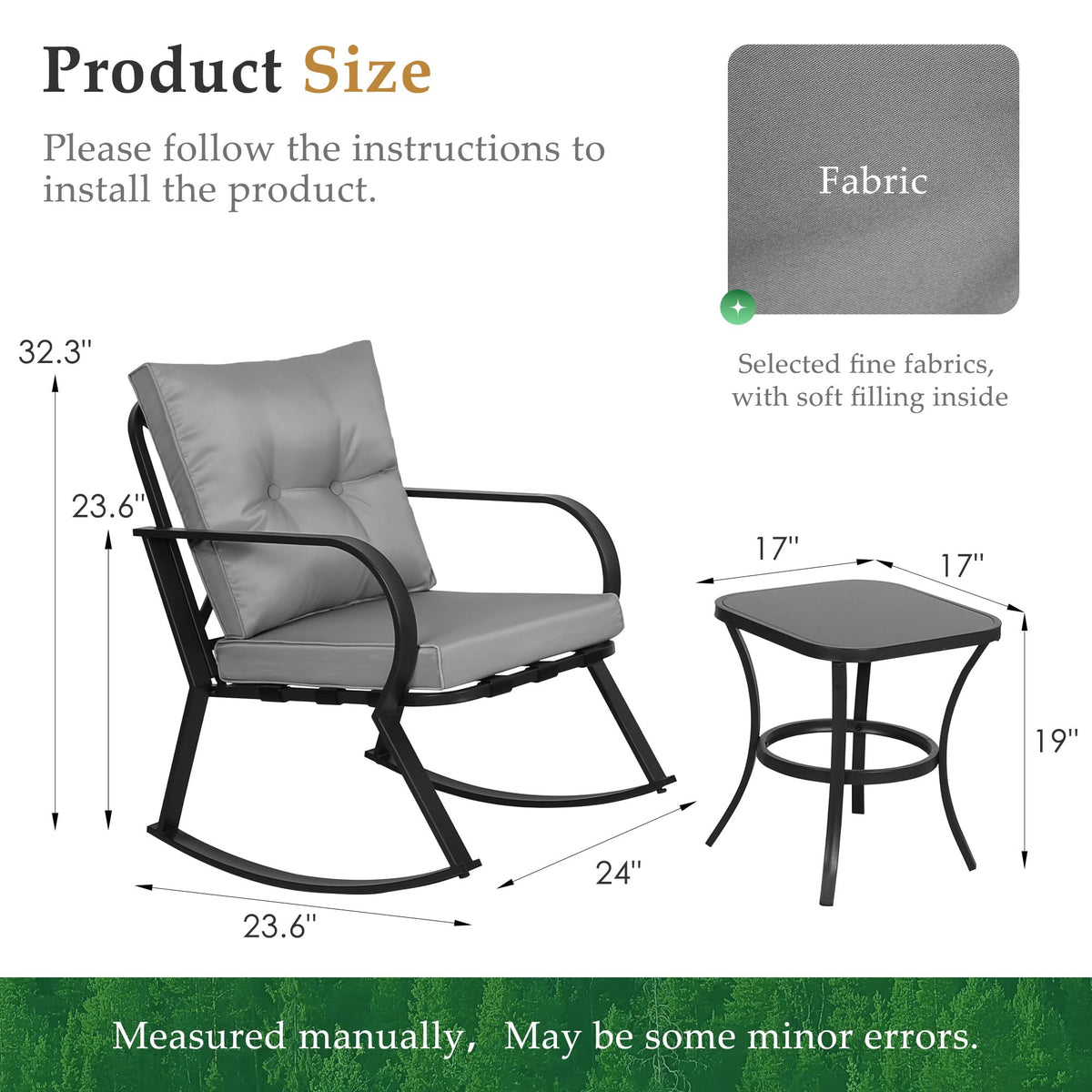 Oakcloud Oakmont Outdoor Furniture 3 Piece Conversation Bistro Set Rocking Chairs and Glass Top Table, Thick Cushions, Black Steel (Grey)