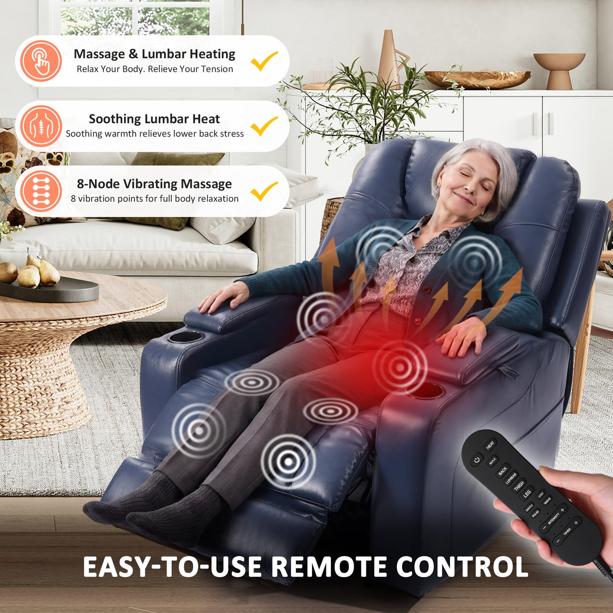 EONIX Large Triple Motor Power Lift Recliner Chair for Elderly, Navy Blue