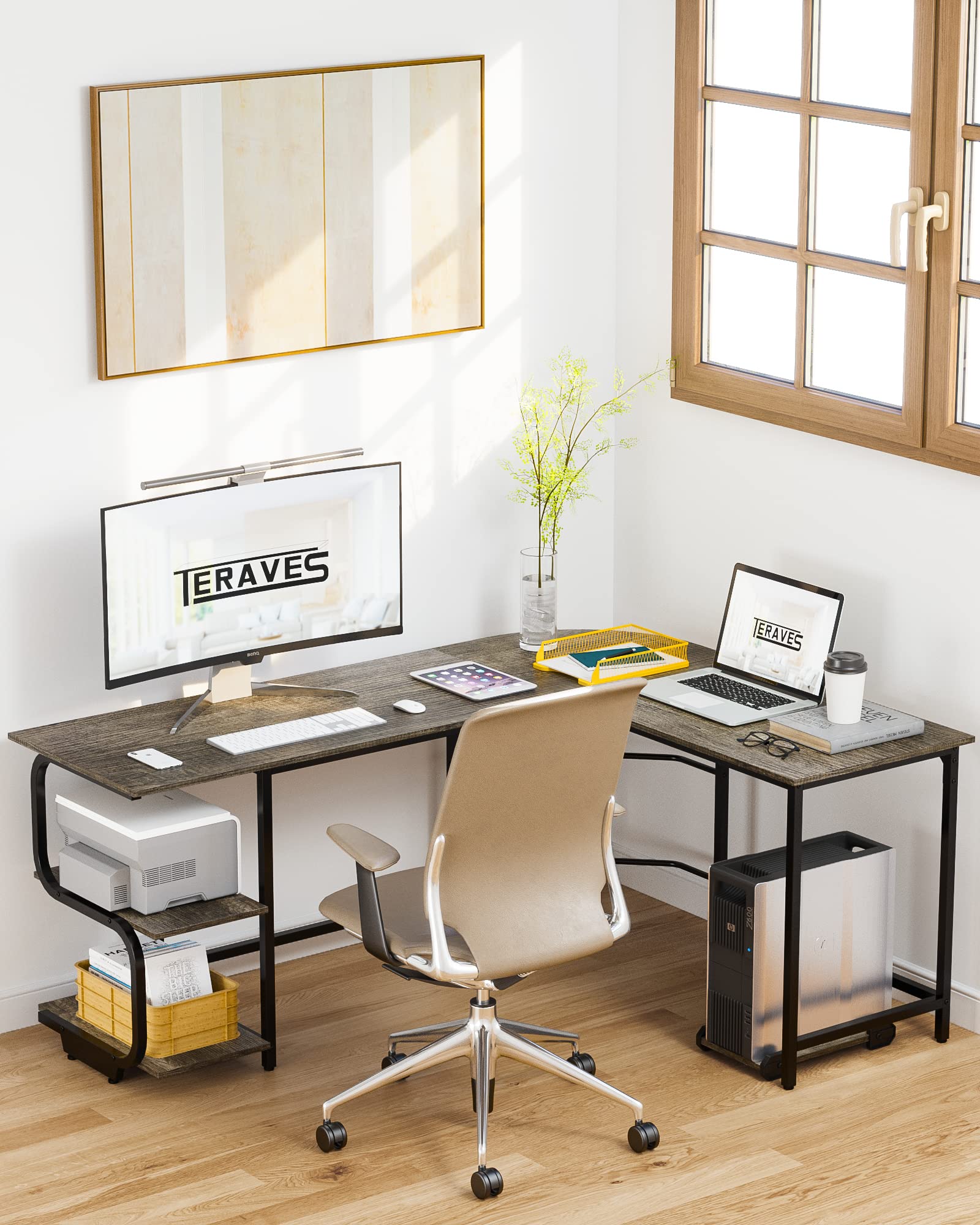 L-Shaped Desk with Storage Shelves & Monitor Stand Hole