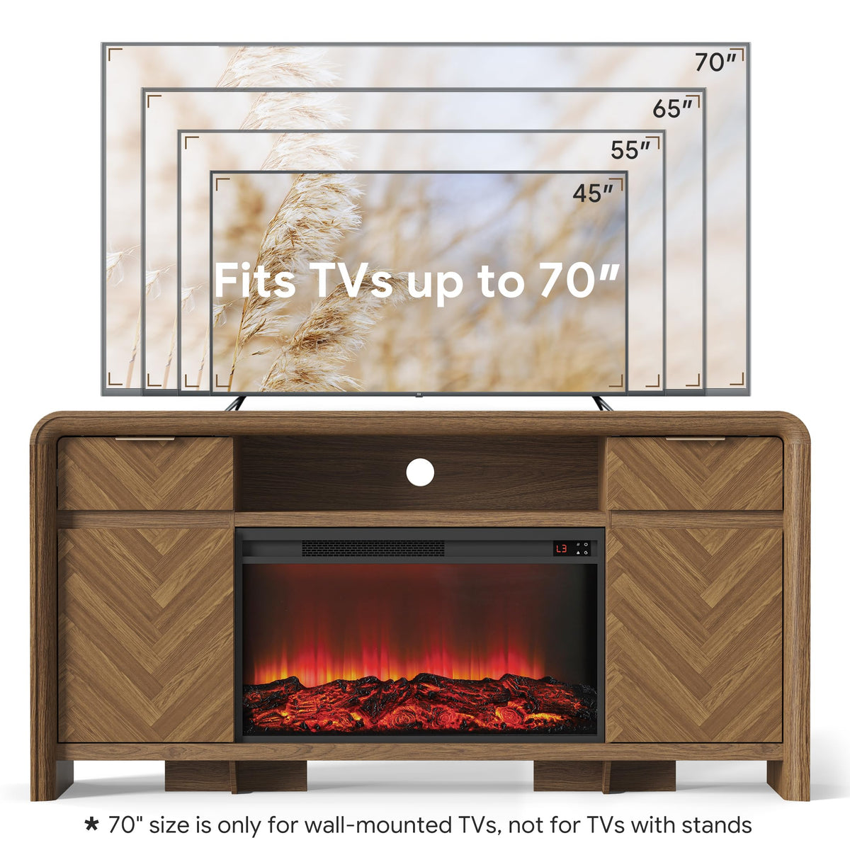 63" Fireplace TV Stand for 75" TV, Mid Century Modern TV Console, Walnut