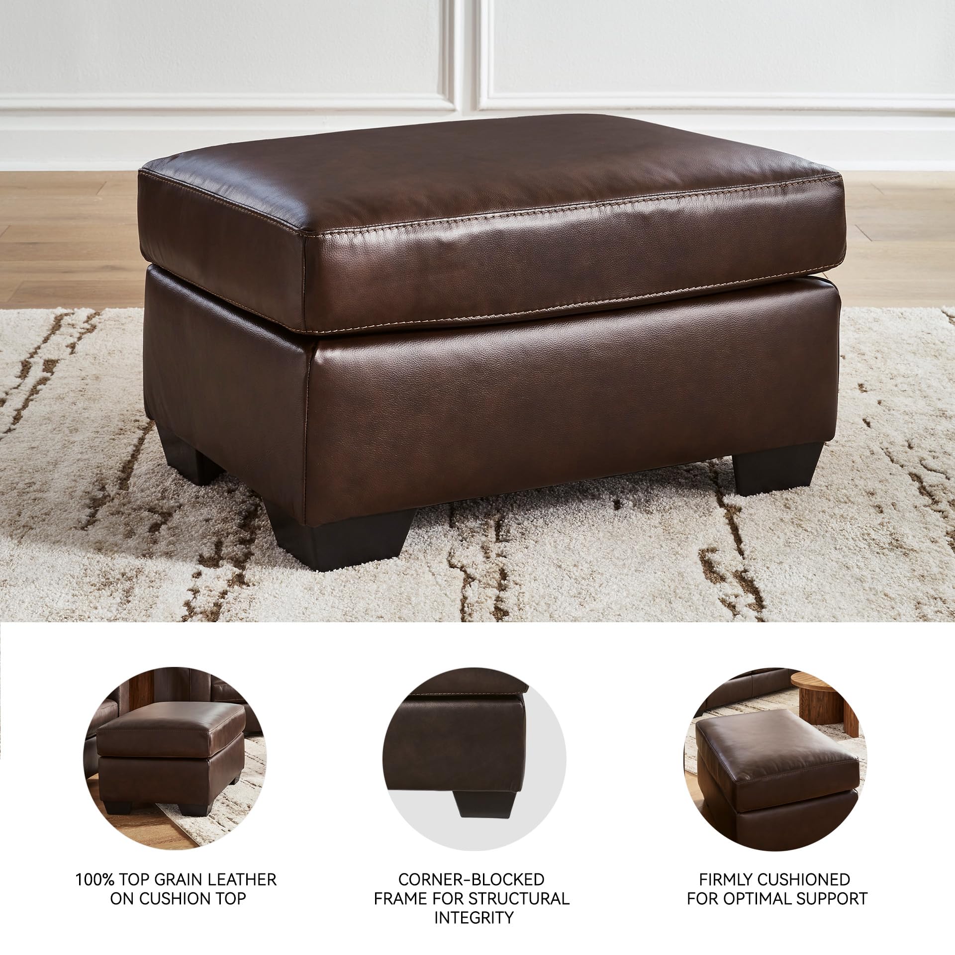 Signature Design by Ashley Santorine Classic Leather Match Rectangular Ottoman for Living Room, Dark Brown