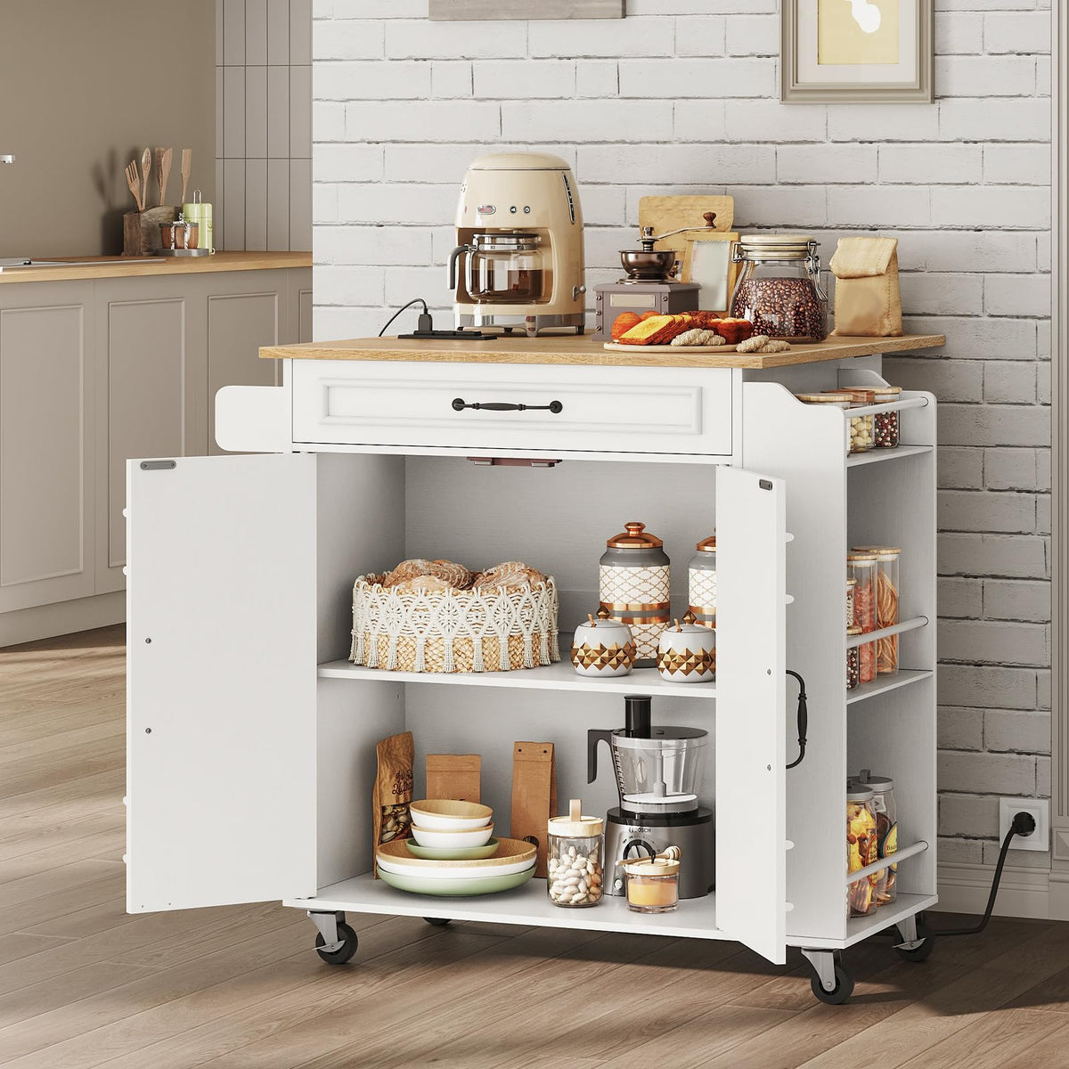 RALGEND Kitchen Island with Power Outlets & Drop Leaf, Small Rolling Kitchen Cart on Wheels, Kitchen Storage Island with Spice Rack, Mobile Island Table for Kitchen, Dinning, White and Natural