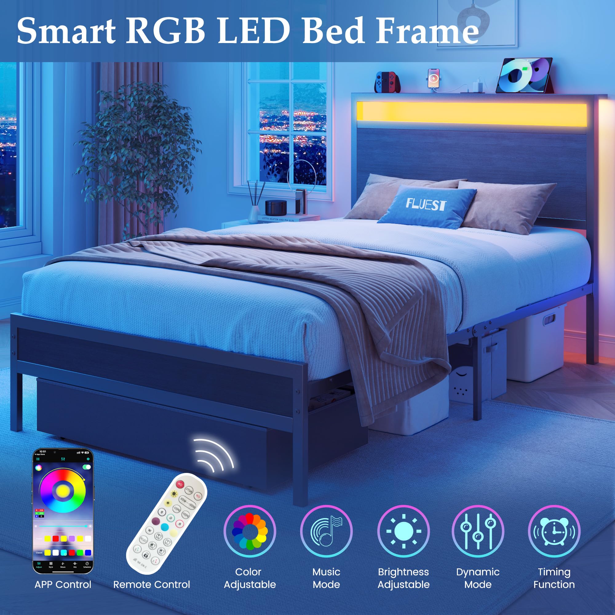Fluest Twin Bed Frame,Twin Bed Frame with Storage Headboard & Storage Drawer, Charging Station & LED Light, No Box Spring Needed, Noise Free, Easy Assembly, Rustic Grey