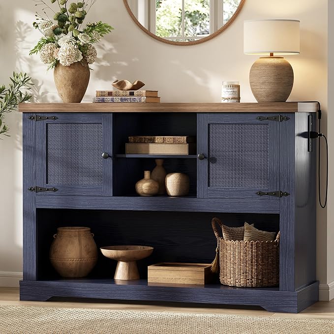 Farmhouse Console Table with Power Outlets & Rattan Doors