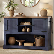 LIKIMIO Farmhouse Entryway Table with Power Outlets, 47.2" Rattan Console Table with Adjustable Storage Shelves & Rattan Doors Cabinet, Sofa Table for Entry, Living Room, Hallway, Foyer, Blue