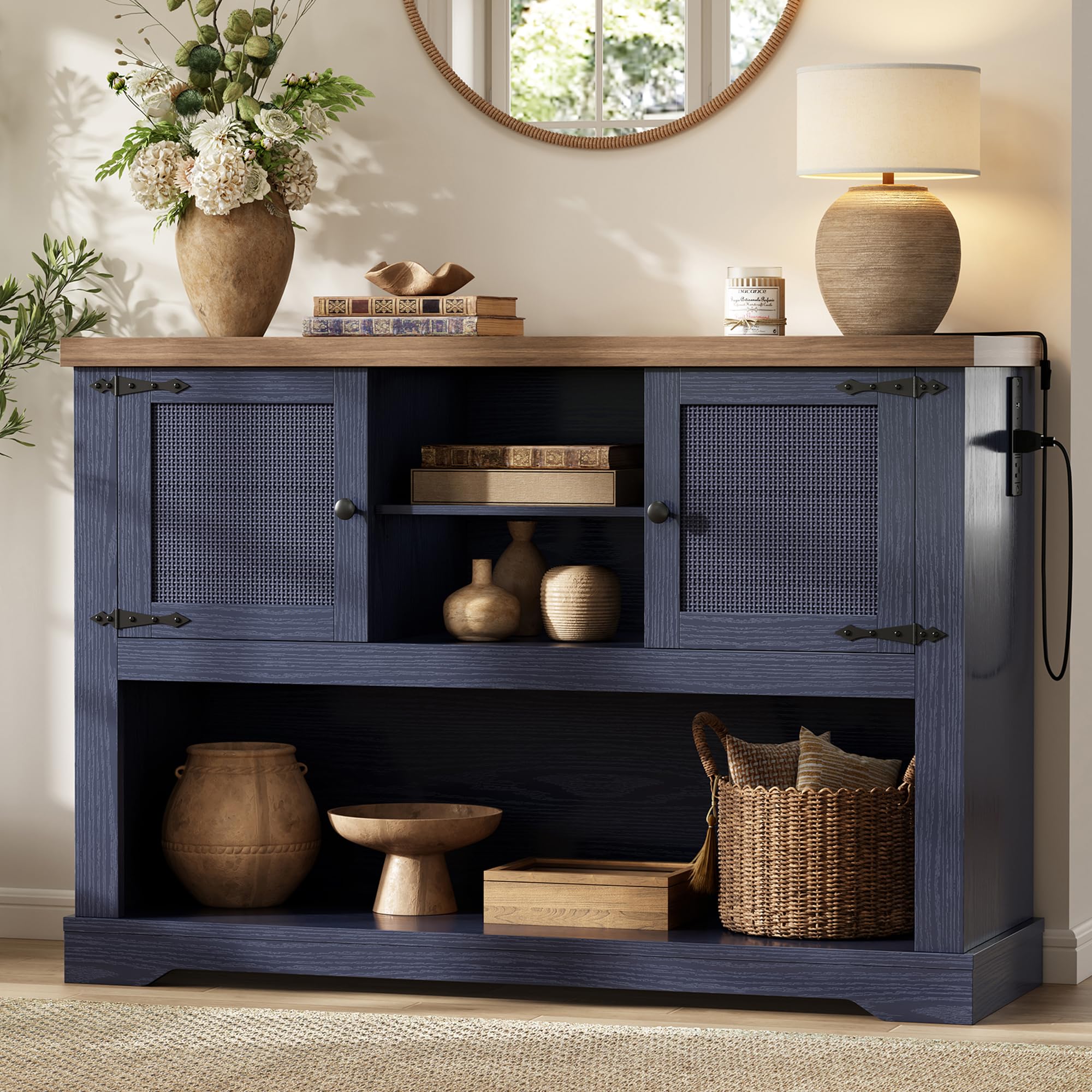 LIKIMIO Farmhouse Entryway Table with Power Outlets, 47.2" Rattan Console Table with Adjustable Storage Shelves & Rattan Doors Cabinet, Sofa Table for Entry, Living Room, Hallway, Foyer, Blue