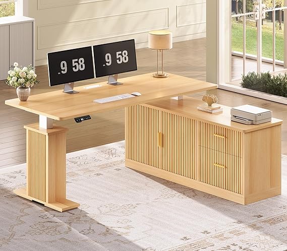 L-Shaped Standing Desk with Drawers & Power Outlets
