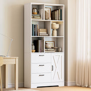 IRONCK Bookshelf, 70.9 Inch Tall Bookcase, White Book Shelf with Doors and 3 Drawers, 3-Tier Bookshelves with 6 Open Cubes for Home Office, Living Room, Study