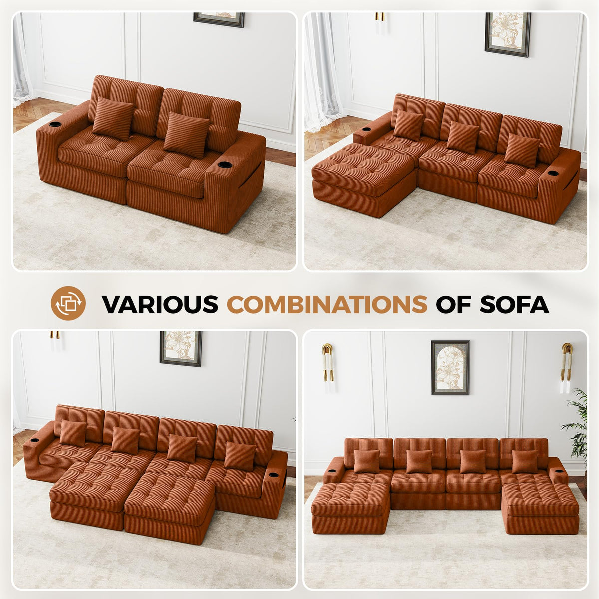 112" L Shaped Cloud Boneless Couch,Modern Modular Sectional Sofa with Layered Cushion,No Assembly Convertible Corduroy Couches for Living Room,Caramel 1 PCS