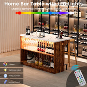 VAXZOFI Home Bar Unit with LED Lights and Charging Station, Imitation Marble Mini Coffee Bar Pub Table with 2-Tier Storage, Footrest, Drop Leaf Kitchen Islands for Dining Room, Bistro, Living Room