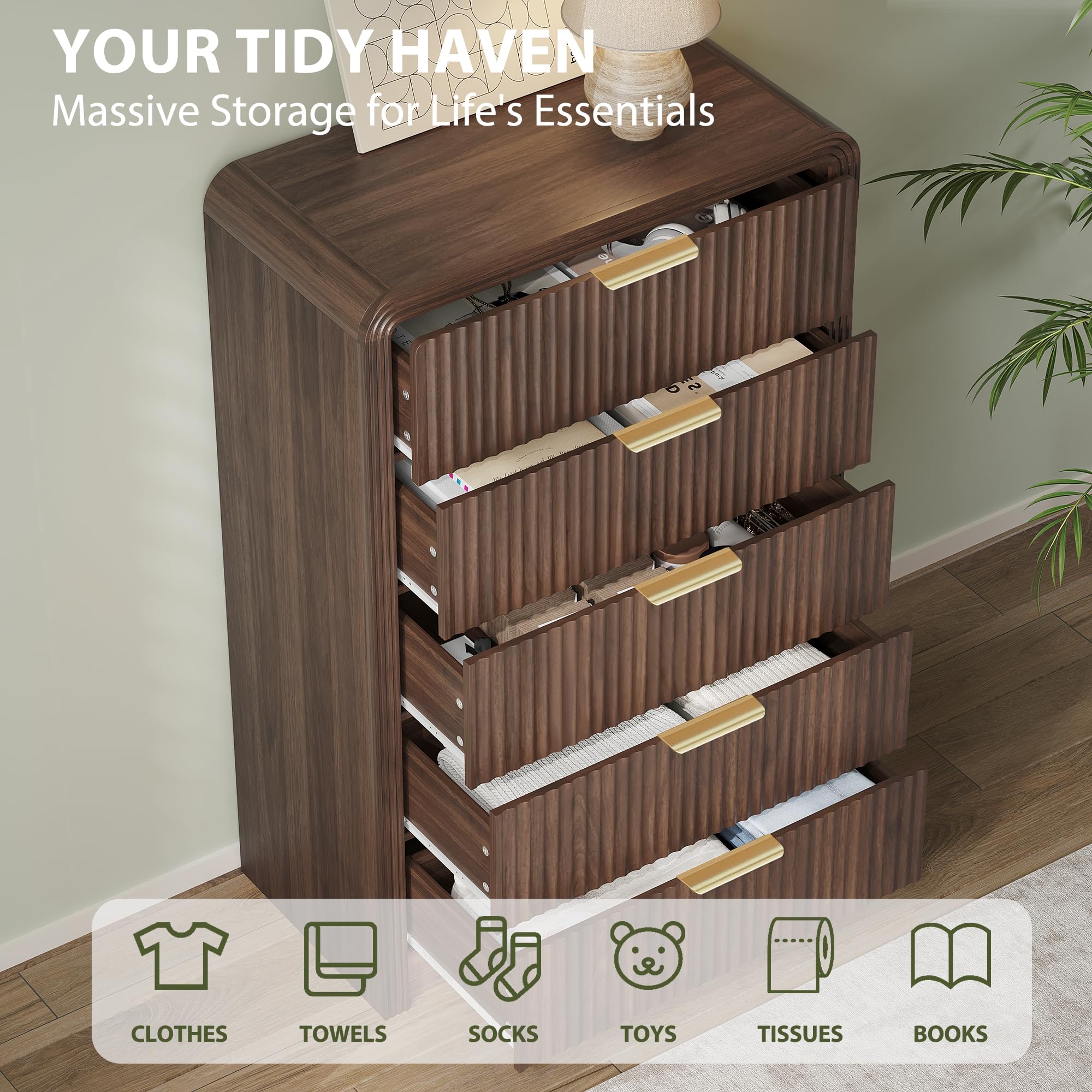 5-Drawer Fluted Dresser with Metal Handles