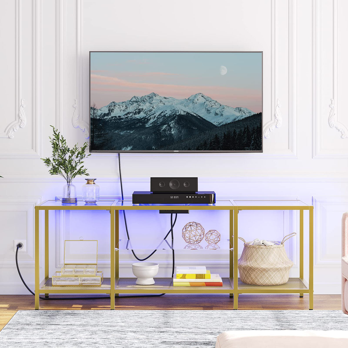 Gold Glass TV Stand with LED Lights