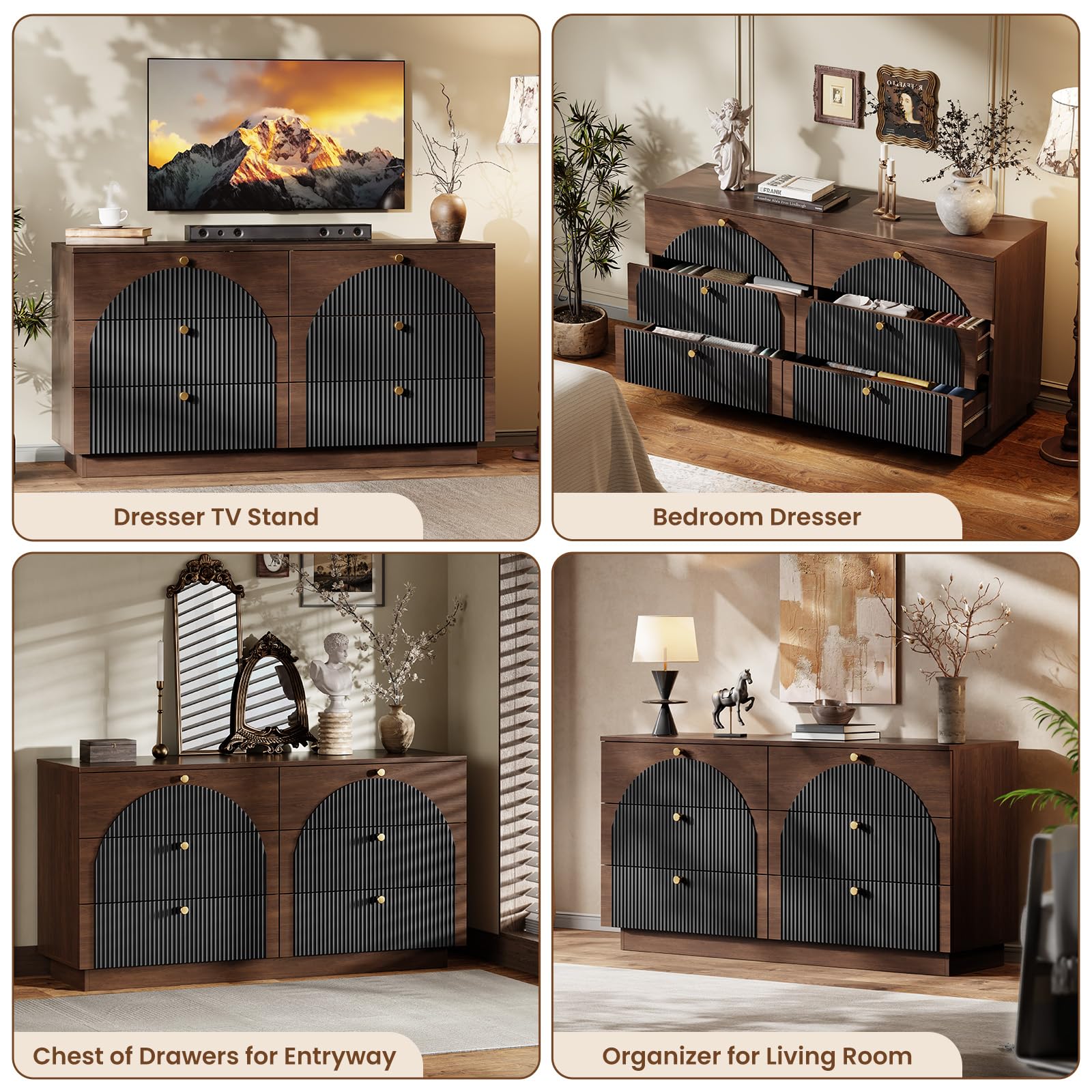 Arched Fluted Dresser for Bedroom with 6 Drawers, 55" Wide Large Wooden Storage Organizer Chest of Drawers, Mid Century Modern Wood Closet TV Stand for Bedroom,Living Room, Hallway, Walnut+Black
