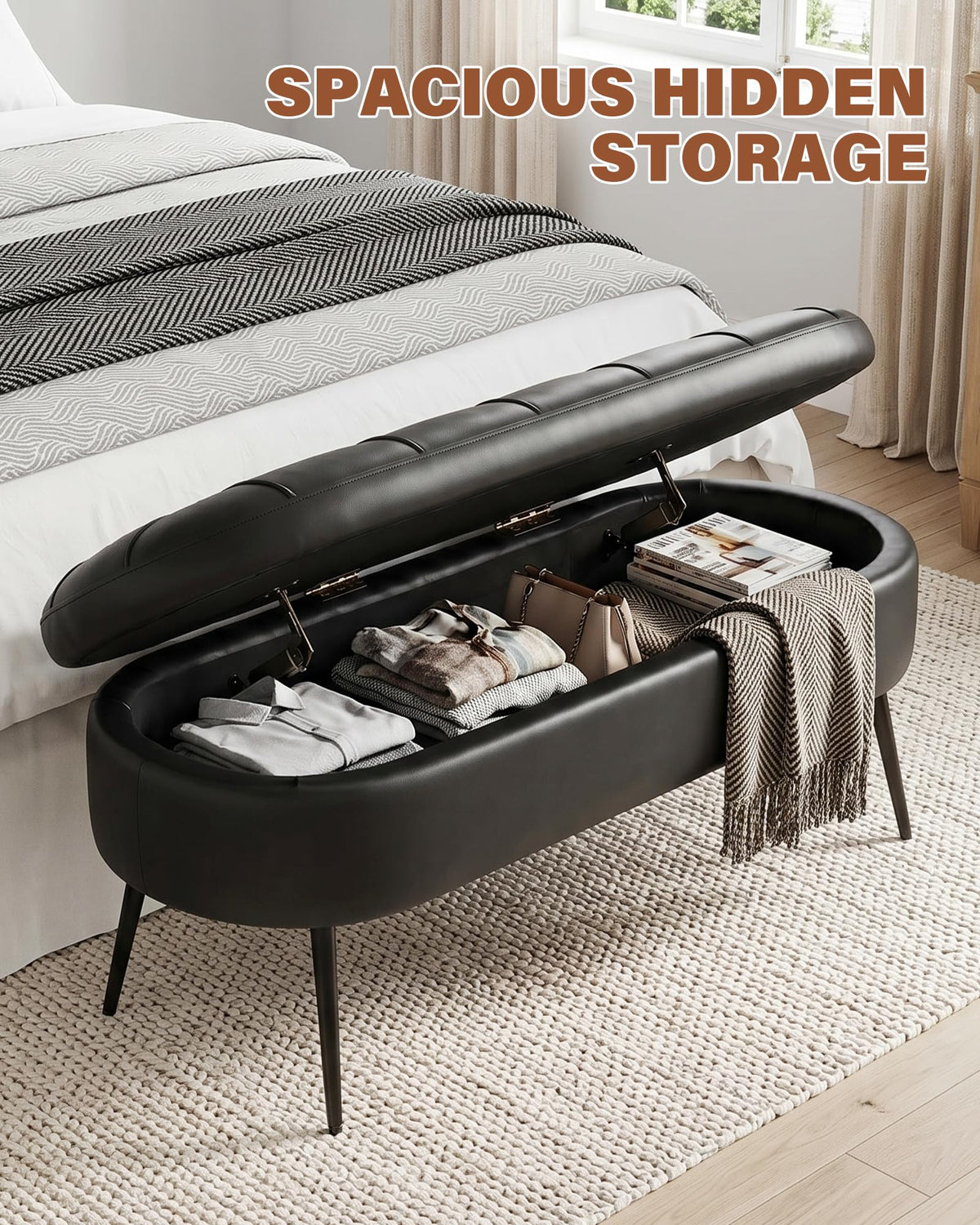 VATROS Storage Ottoman Bench, 43.7" PU Leather End of Bed Bench Black
