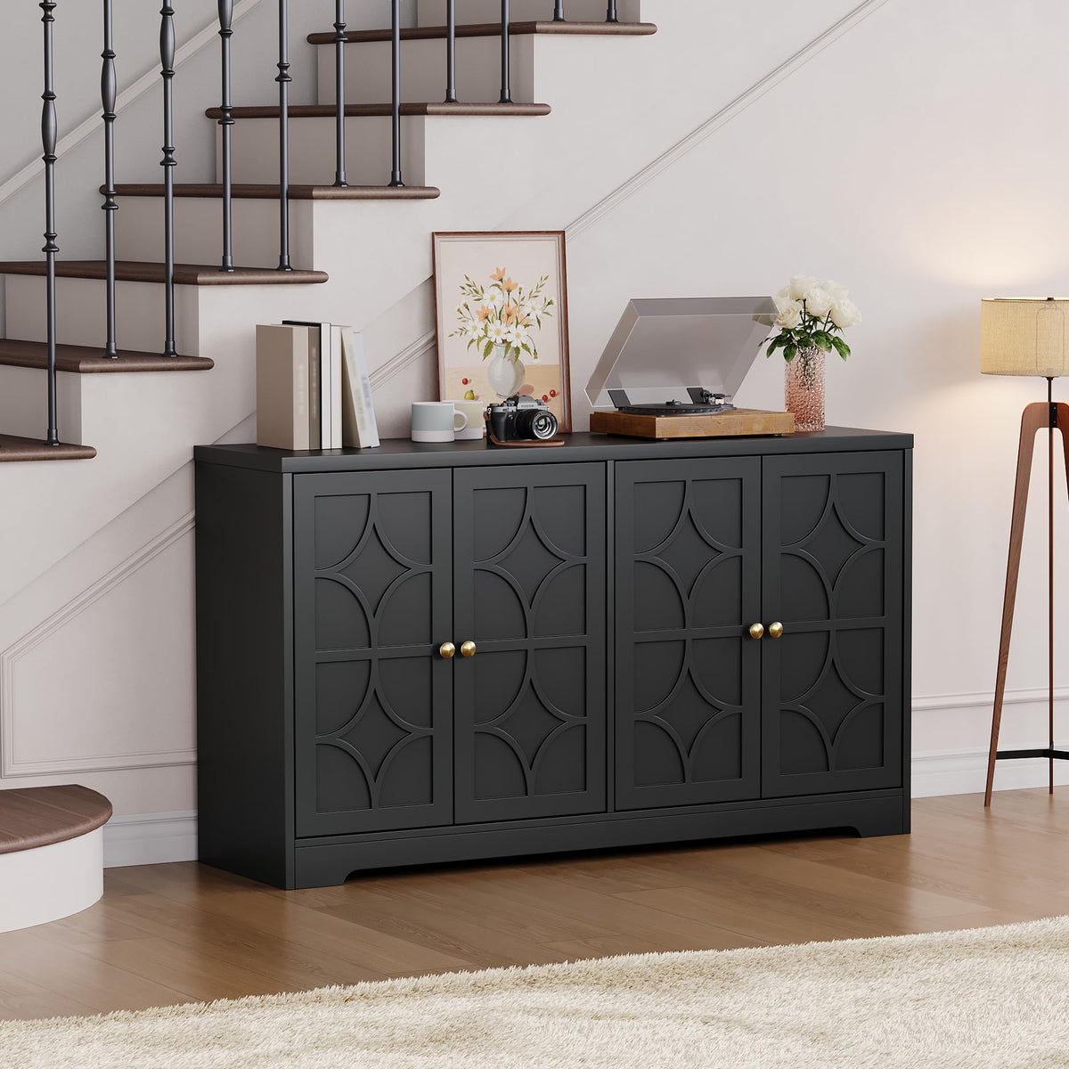 IDEALHOUSE Modern Sideboard Buffet Cabinet, 55" Buffet Storage Cabinet with Adjustable Shelves, Wood Coffee Bar Cabinet with Storage for Kitchen, Dining Room, Living Room, Black
