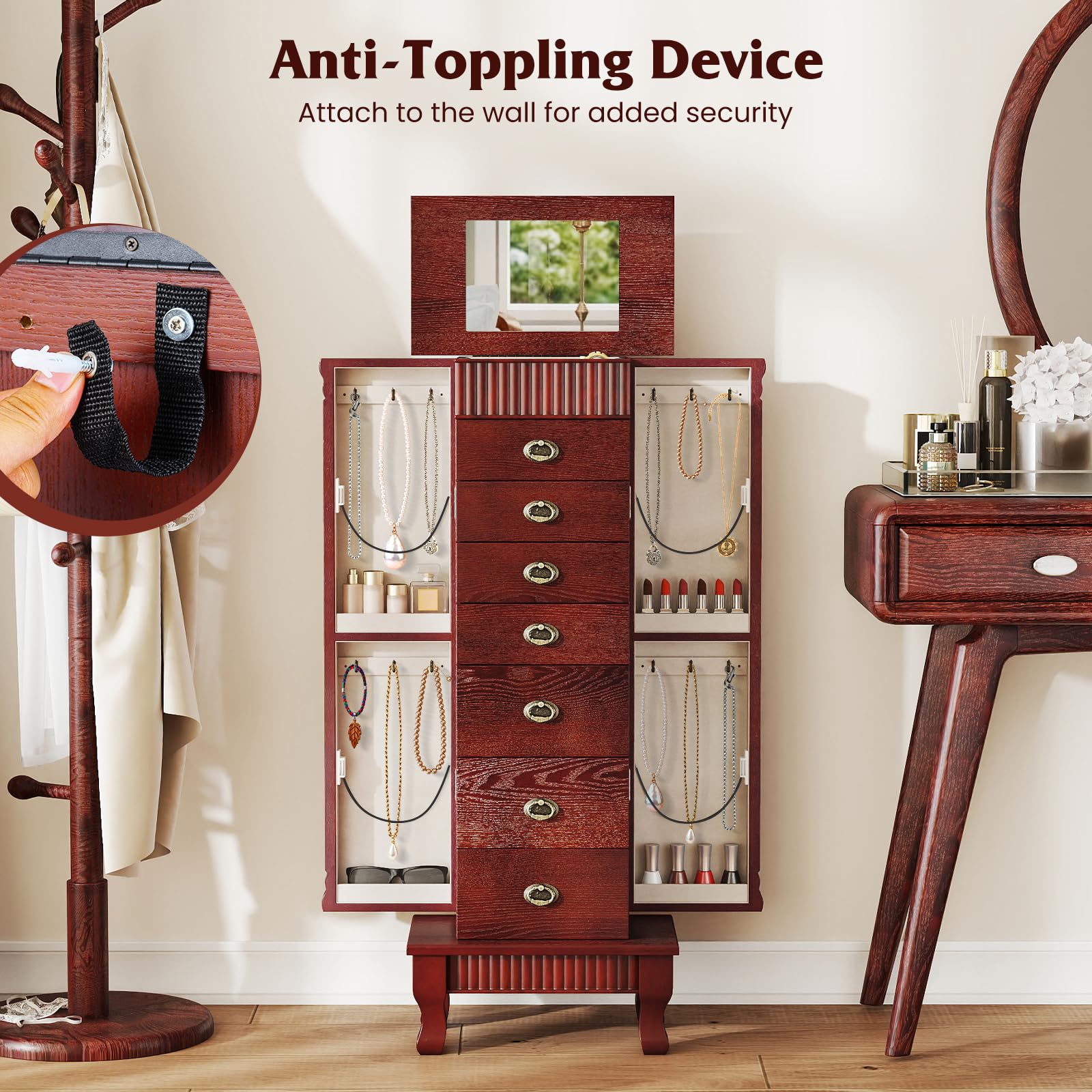 Standing Jewelry Cabinet with Mirror & Drawers