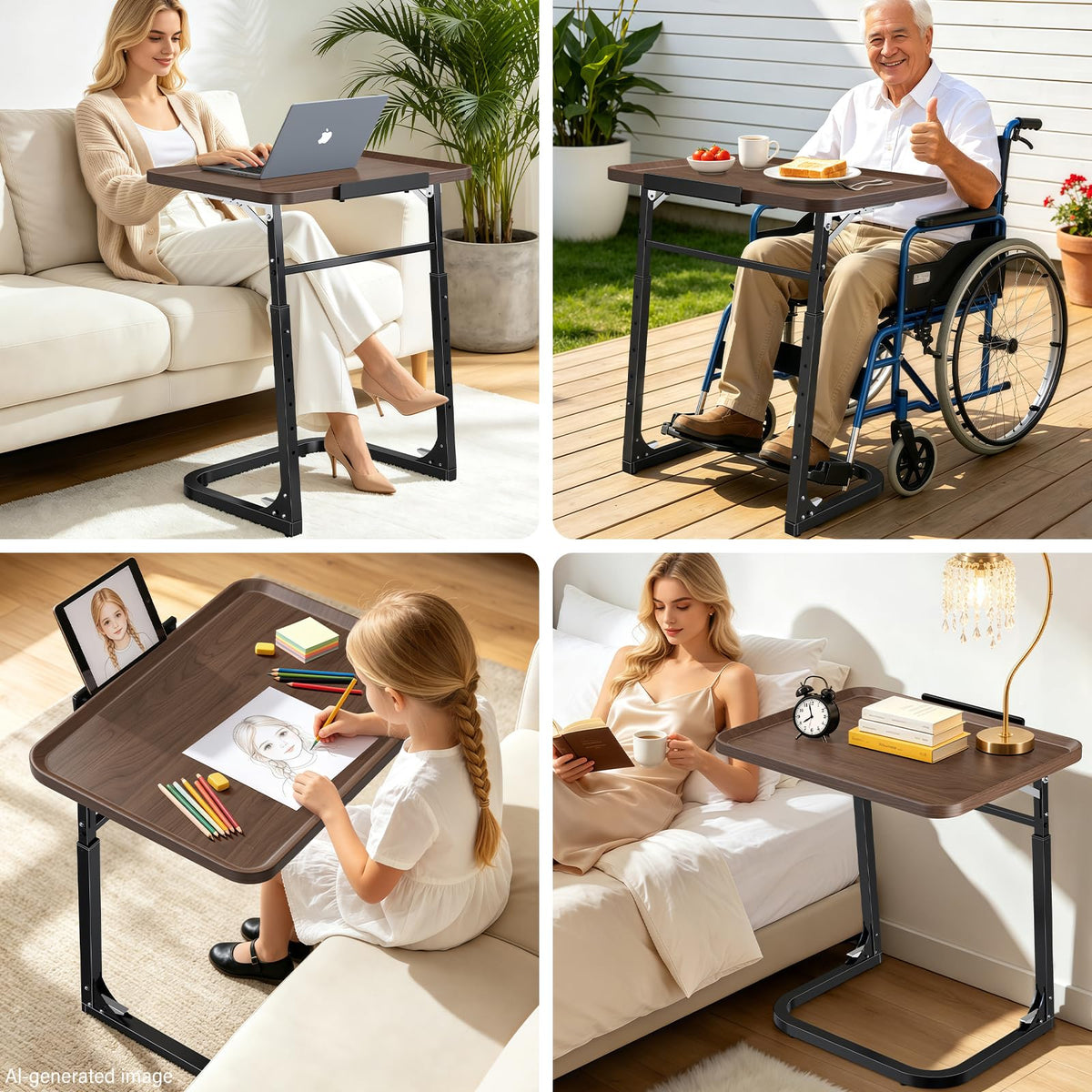 MLZLLL Heavy Duty C-Shaped End Table, Raised Edge Snack Table, Height & Tilt Adjustable TV Tray Table, Easy to Install, TV Dinner Tray Table for Couch, Bed, Work & Eating, Foldable & Easy Storage
