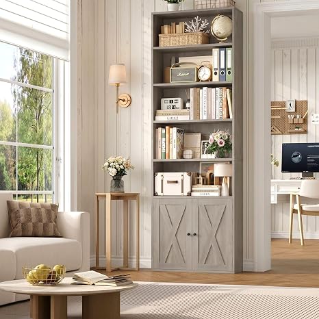 7-Tier Bookcase with Doors & Adjustable Shelves