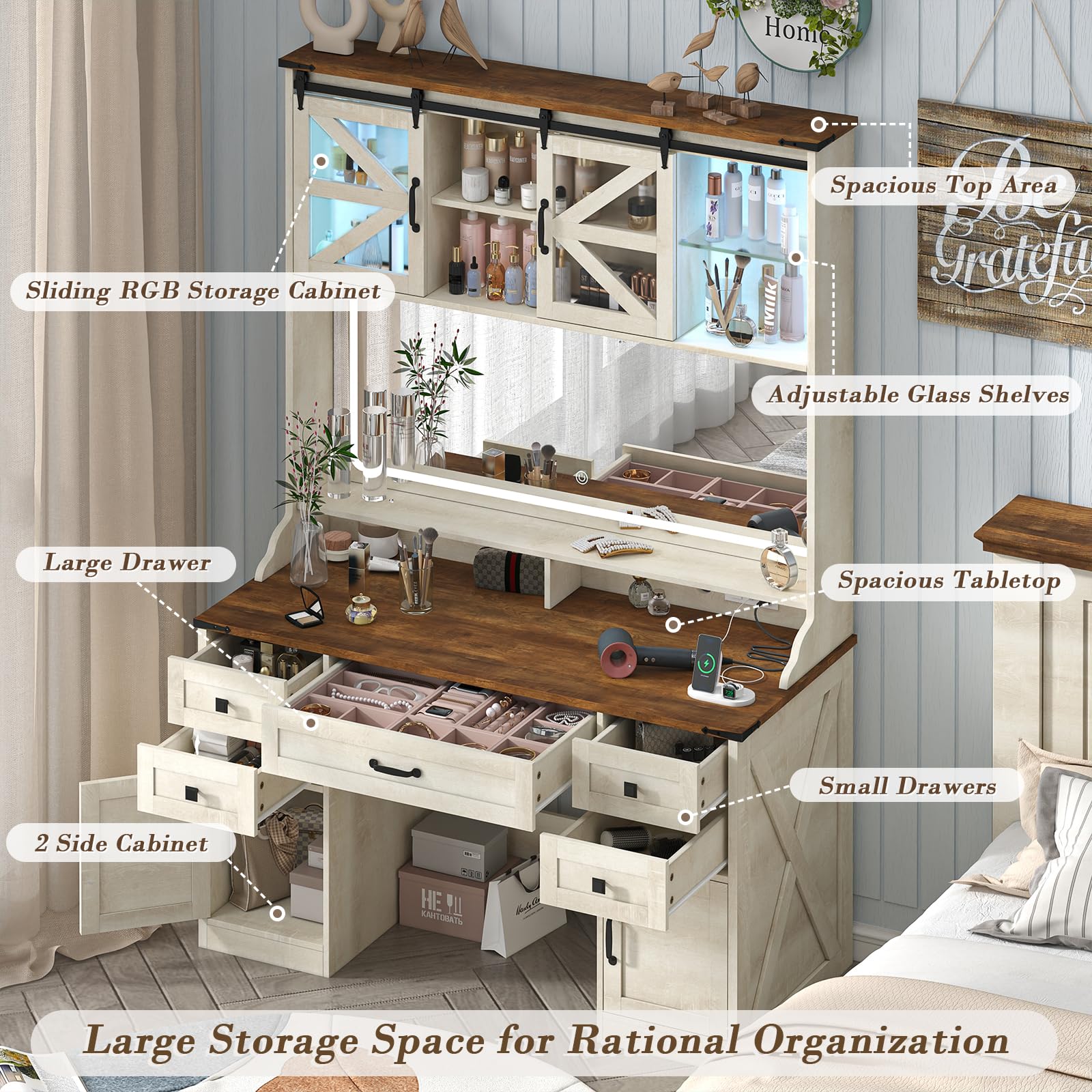 CSZZD 75.2" Farmhouse Vanity Desk with Mirror and Lights, Makeup Vanity Table with 5 Drawers & 2 Sliding RGB Door & Power Outlet, 3 Color Lighting Modes, Big Vanity for Bedroom, Antique White