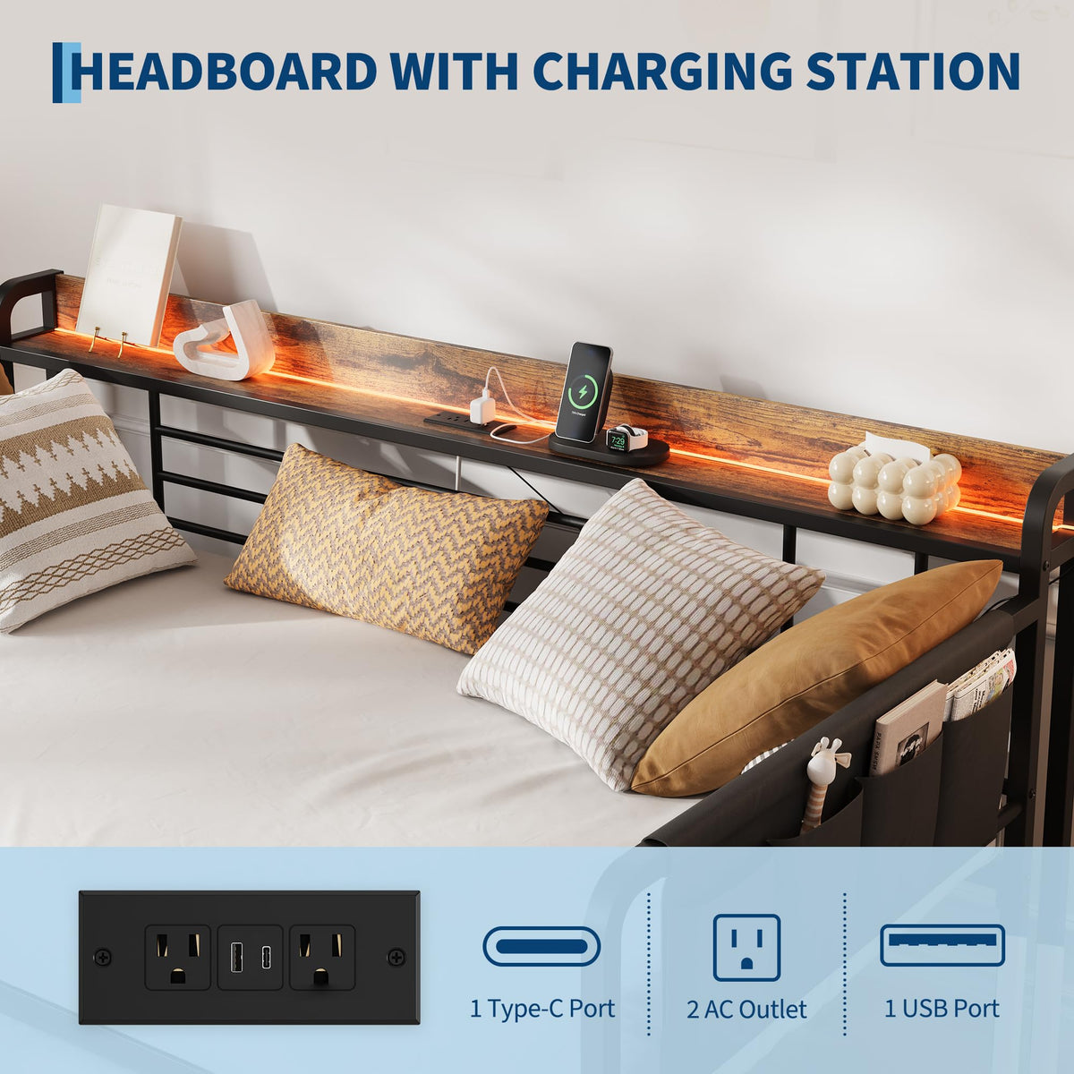 IDEALHOUSE Twin Daybed with Trundle Bed, Charging Station and LED Light