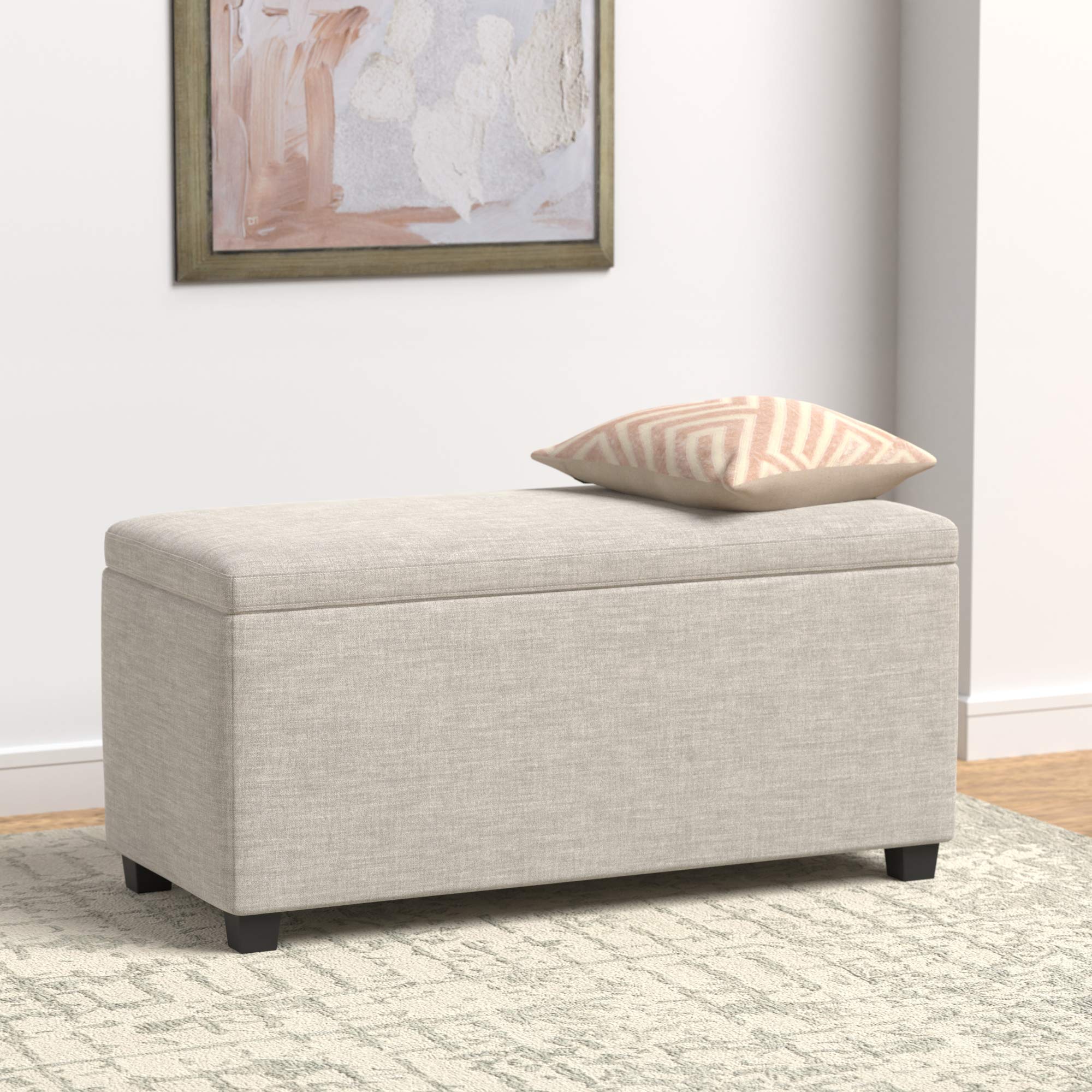 Amazon Basics Upholstered Storage Ottoman Bench with Soft Close Lid, Child-Safety Hinge, No Assembly Required, 35.5"W x 16.5"D x 17"H, Beige